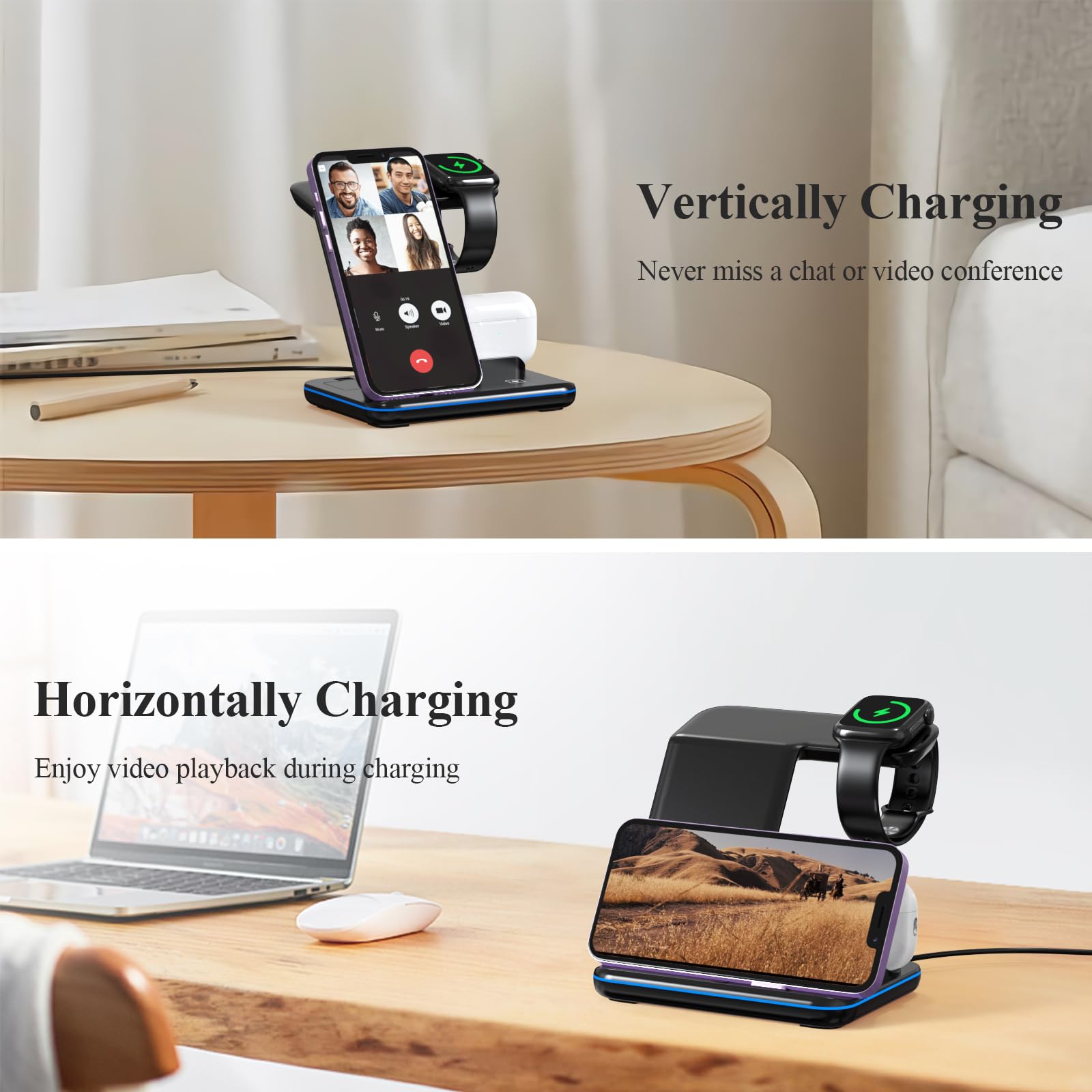 Minthouz 18W Fast Wireless Charging Stand - Compatible with iPhone 15/14/13/12/11, AirPods & iWatch (Watch Charger Not Included) | QC3.0 Adapter Included | Perfect for Bedside, Office & Travel Charging