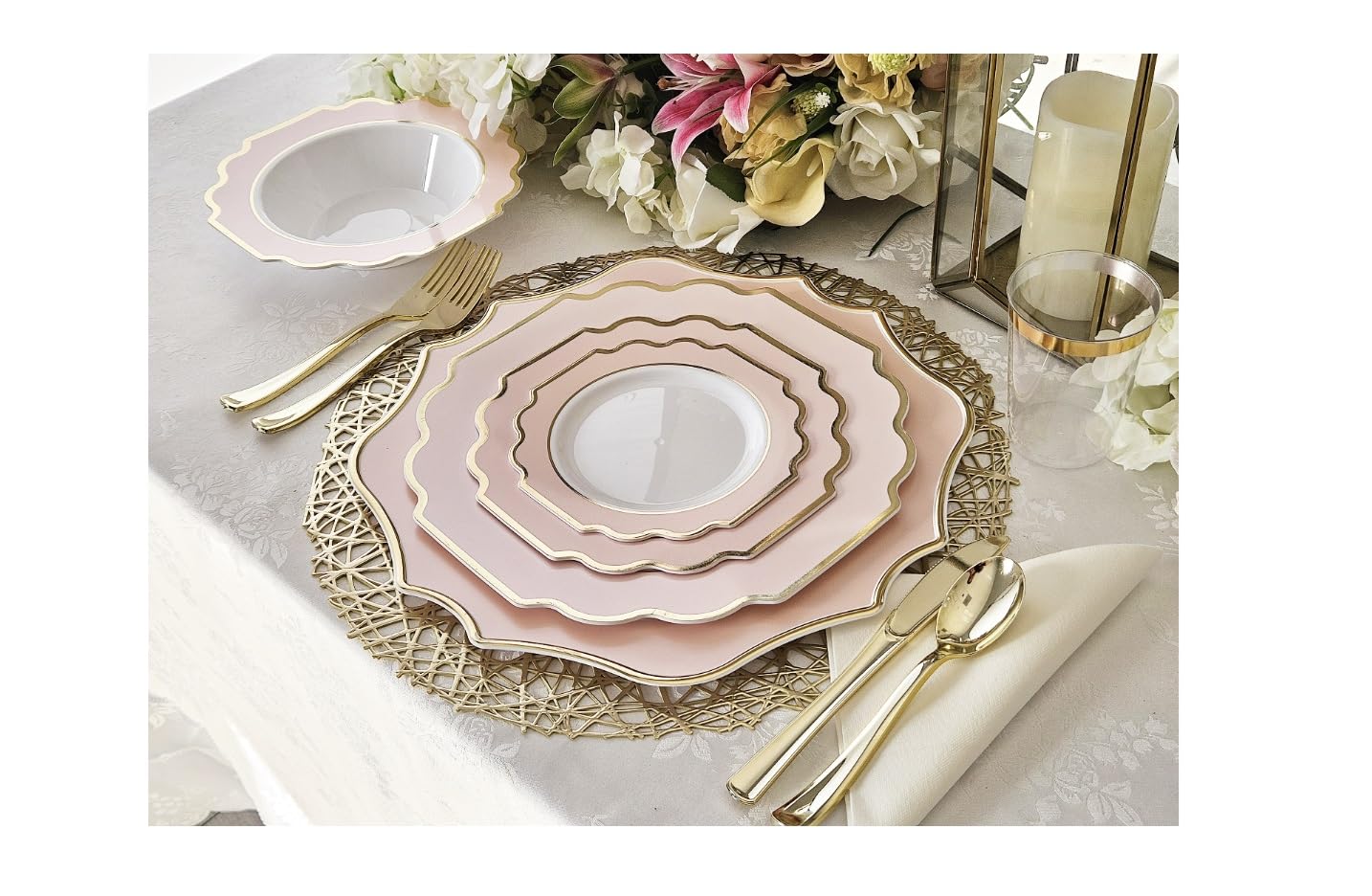 240-Piece Heavyweight Disposable Plastic Plates Set for Weddings & Parties - 120 x 10.5'' Dinner Plates + 120 x 8'' Salad/Dessert Plates in Blush Gold (Elegant Tableware for Bridal Showers, Baby Showers & Special Events)
