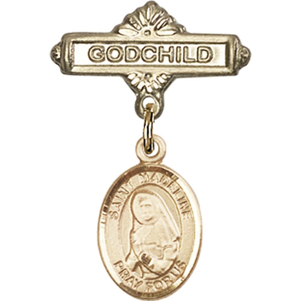 Gold Filled Baby Badge Pin with St. Madeline Sophie Barat Charm - 1 X 5/8 Inch Religious Jewelry for Christening, Baptism & Godchild Gifts - Perfect for Baby Showers & Religious Ceremonies