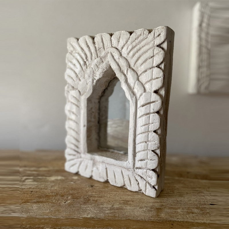 Hand Carved Indian Solid Wood Temple Mirror - 21cm Whitewashed Wall Decor for Home, Bedroom, Living Room & Meditation Space - Traditional Boho Style Mirror with Intricate Designs