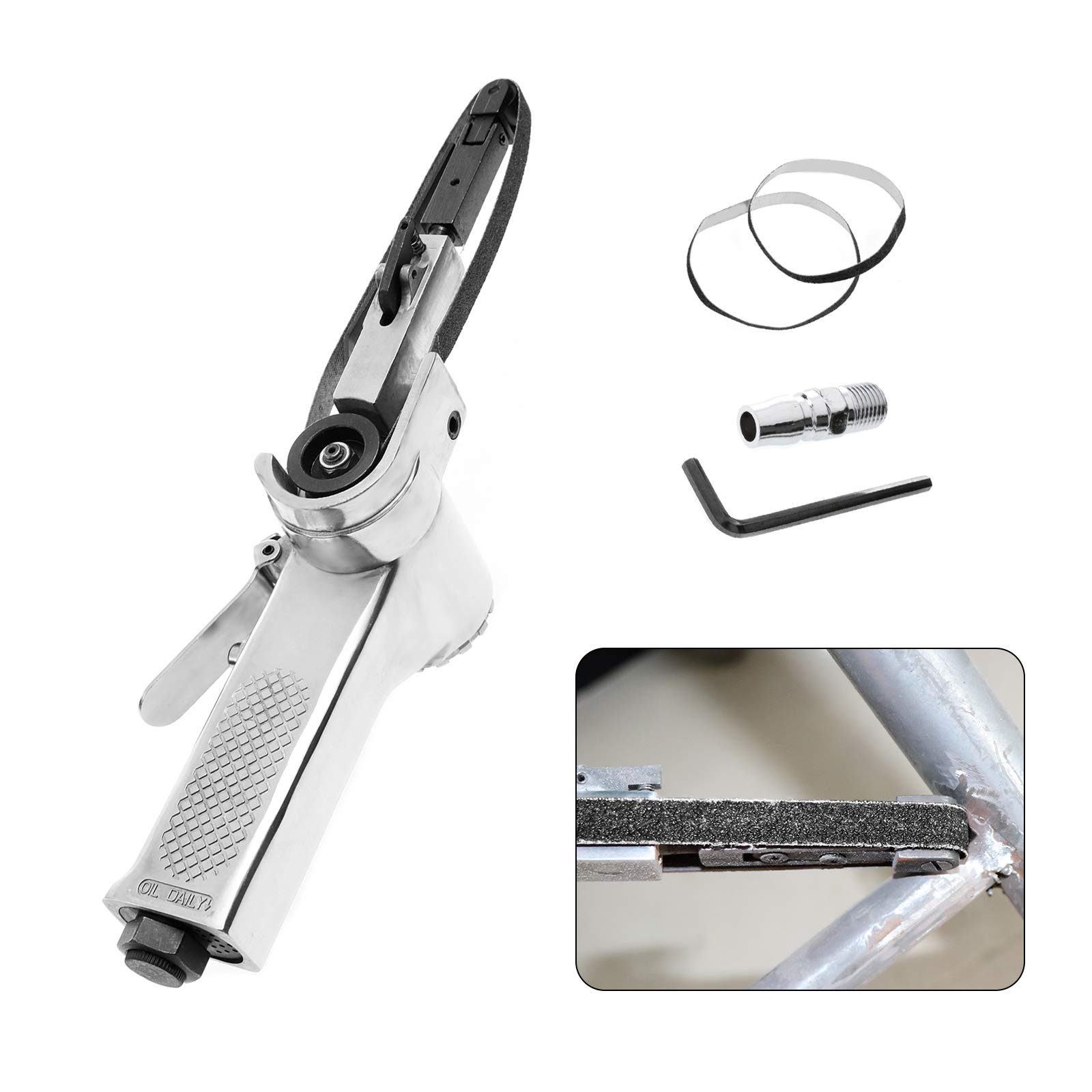 BEAMNOVA Mini Air Belt Sander 3/8 Inch Handheld Angle Grinder - Industrial Pneumatic Tool for Woodworking & Metal Working with 3 Belts (60/80/100 Grit) - Perfect for Sanding, Polishing & Finishing DIY Projects