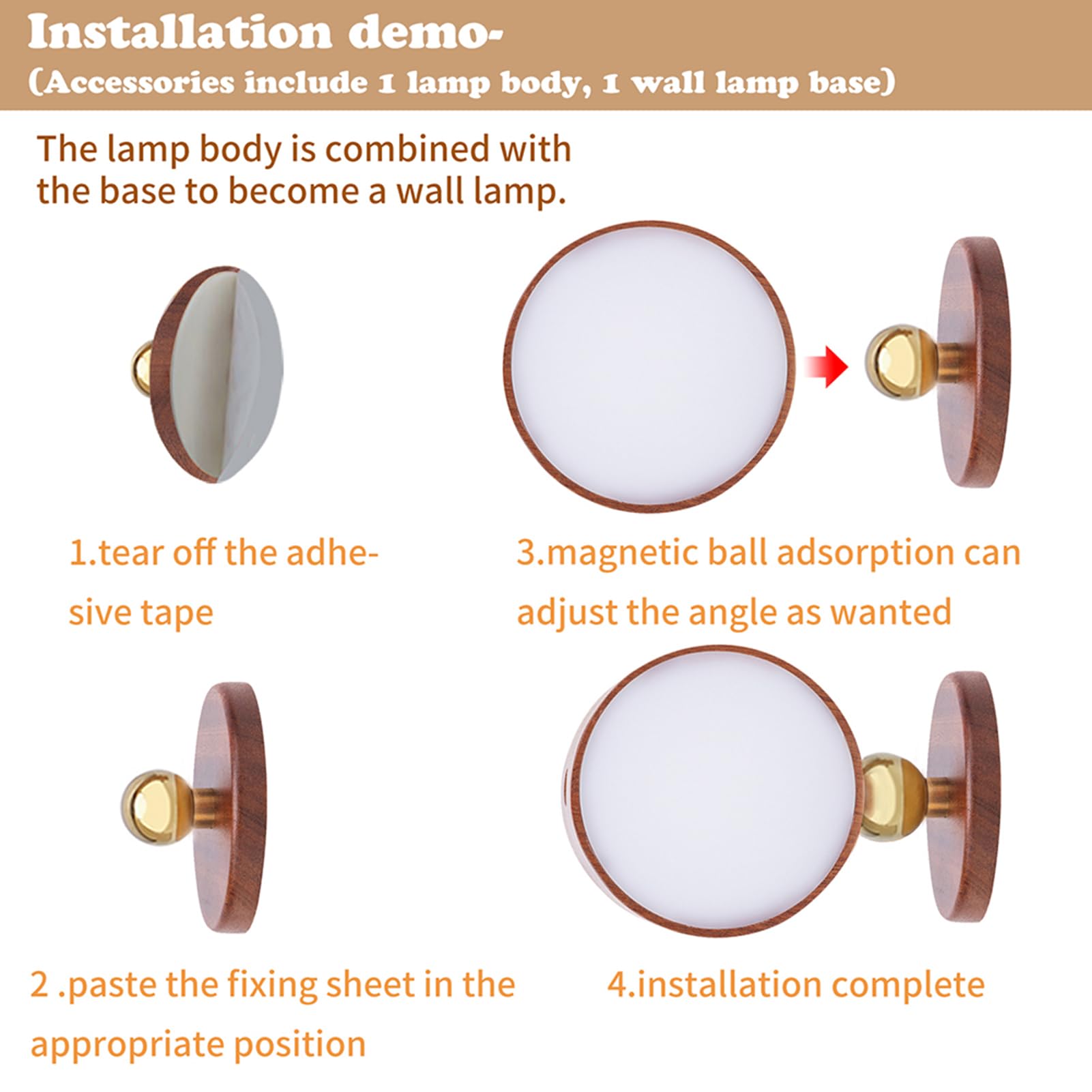 LANDGOO Rotatable USB Rechargeable Magnetic LED Wall Sconce - Dimmable Reading Light for Bedroom, Cabinet & Night Light | Battery Operated, Sapele Wood Finish, Modern Household Lighting