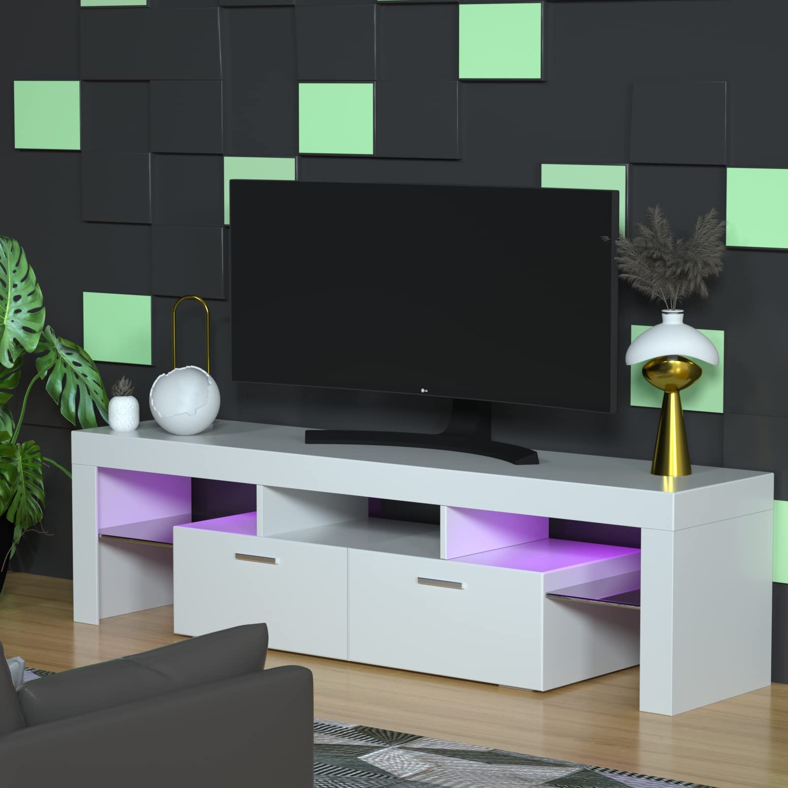 Modern TV Stand for 65-70 Inch TVs with LED Lights & 2 Storage Drawers - Entertainment Center Media Console for Living Room & Bedroom - Perfect for Movie Nights & Home Theater Setup