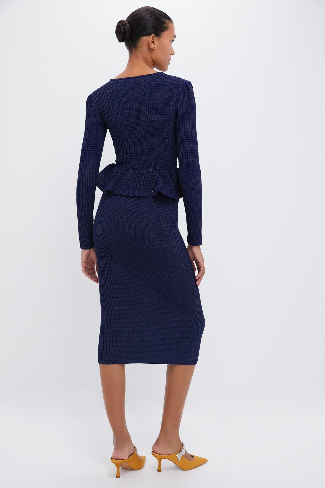 Navy Blue Knit Peplum Midi Dress for Women - Elegant Flared Waist Summer Dress for Casual Outings, Date Nights & Office Wear