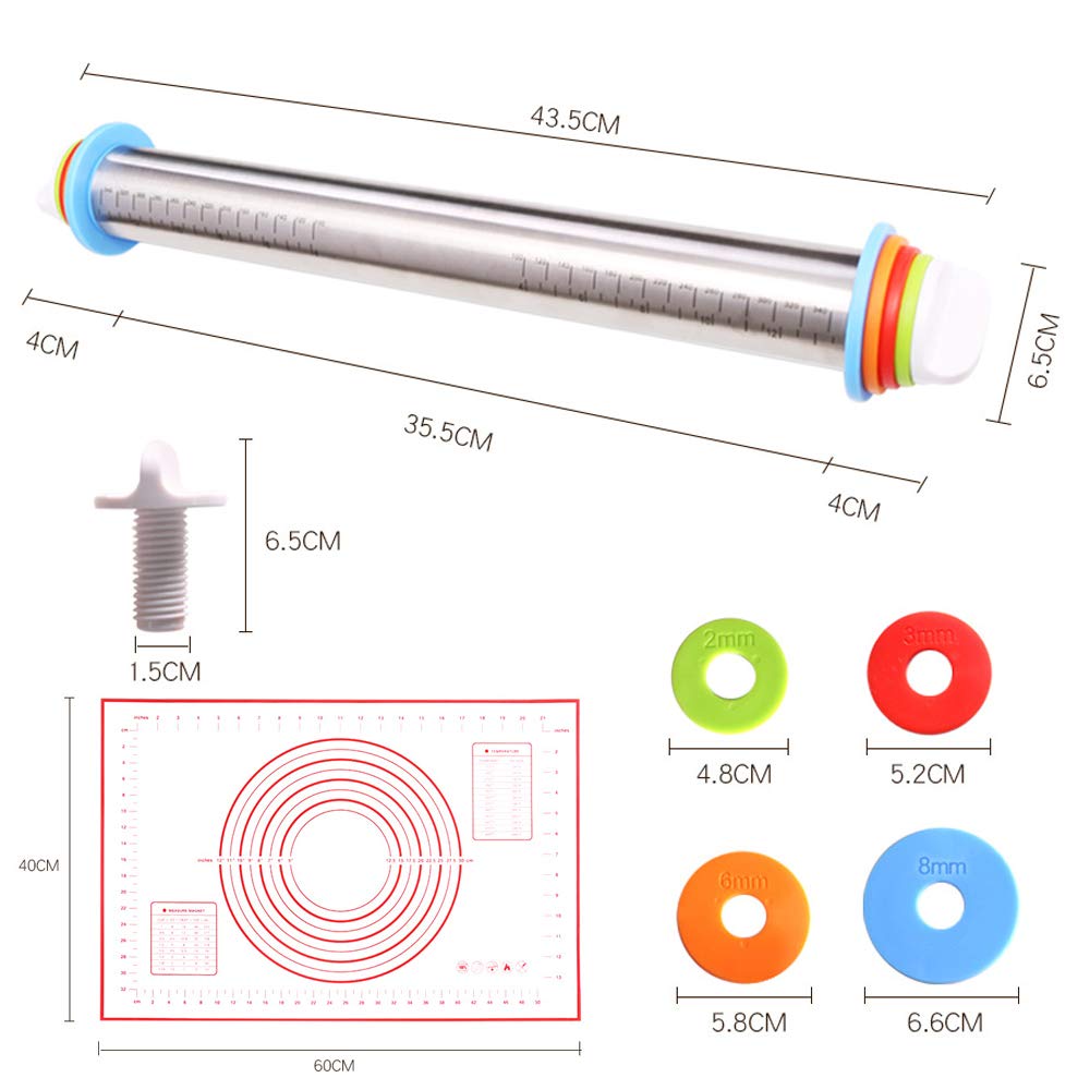 Stainless Steel Rolling Pin with Spacer, 4 Adjustable Discs & Guide, Non-Stick, Silicone Baking Mat for Bread, Cakes, Pasta & Pastry Dough – Perfect for Home Baking, Pizza Making & Cookie Preparation