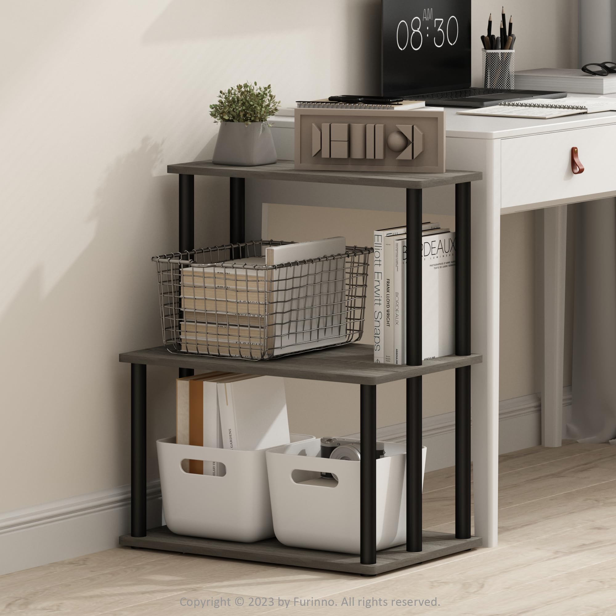 Furinno Turn-N-Tube 3-Tier Multipurpose Printer Stand - Tool-Free Assembly Storage Shelf for Office & Home - French Oak Grey/Black - Perfect for Organizing Printers, Books & Office Supplies