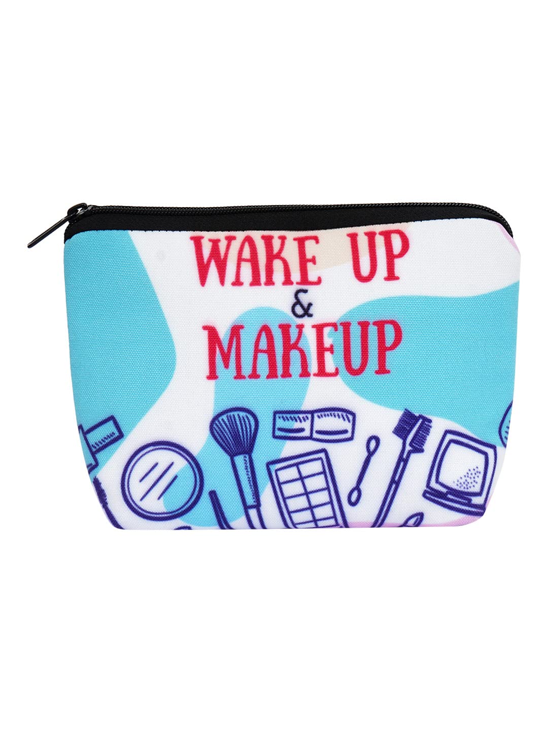 Crazyify Wake Up & Makeup Printed Canvas Cosmetic Bag for Women | Waterproof Travel Makeup Pouch | Toiletry & Beauty Storage Organizer | Perfect for Travel, Gym, and Daily Essentials