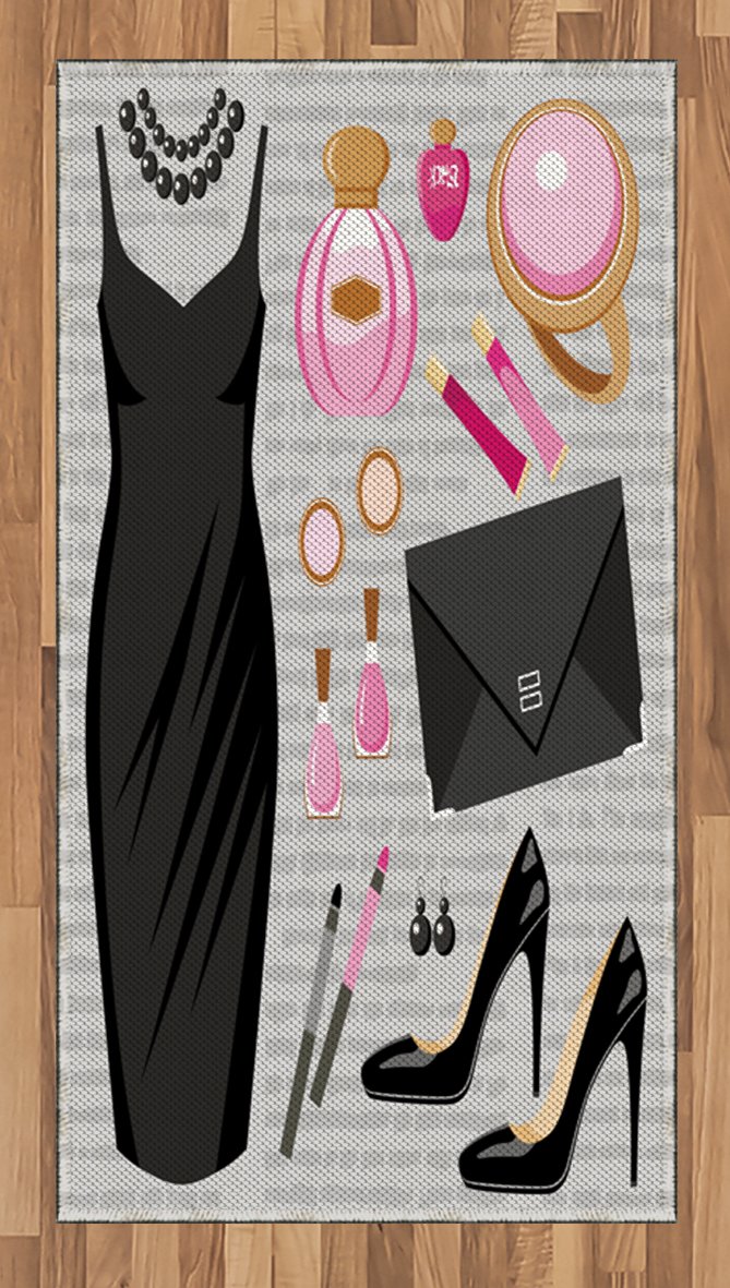 Ambesonne Fashion Area Rug - Black Cocktail Dress with Heels, Perfume & Makeup Bag Design, Flat Woven Accent Rug for Living Room, Bedroom, Dining Room - 2.6' x 5' Brown & Pink - Perfect for Women's Dressing Room, Bedside Decor or Fashion-Themed Home Decor