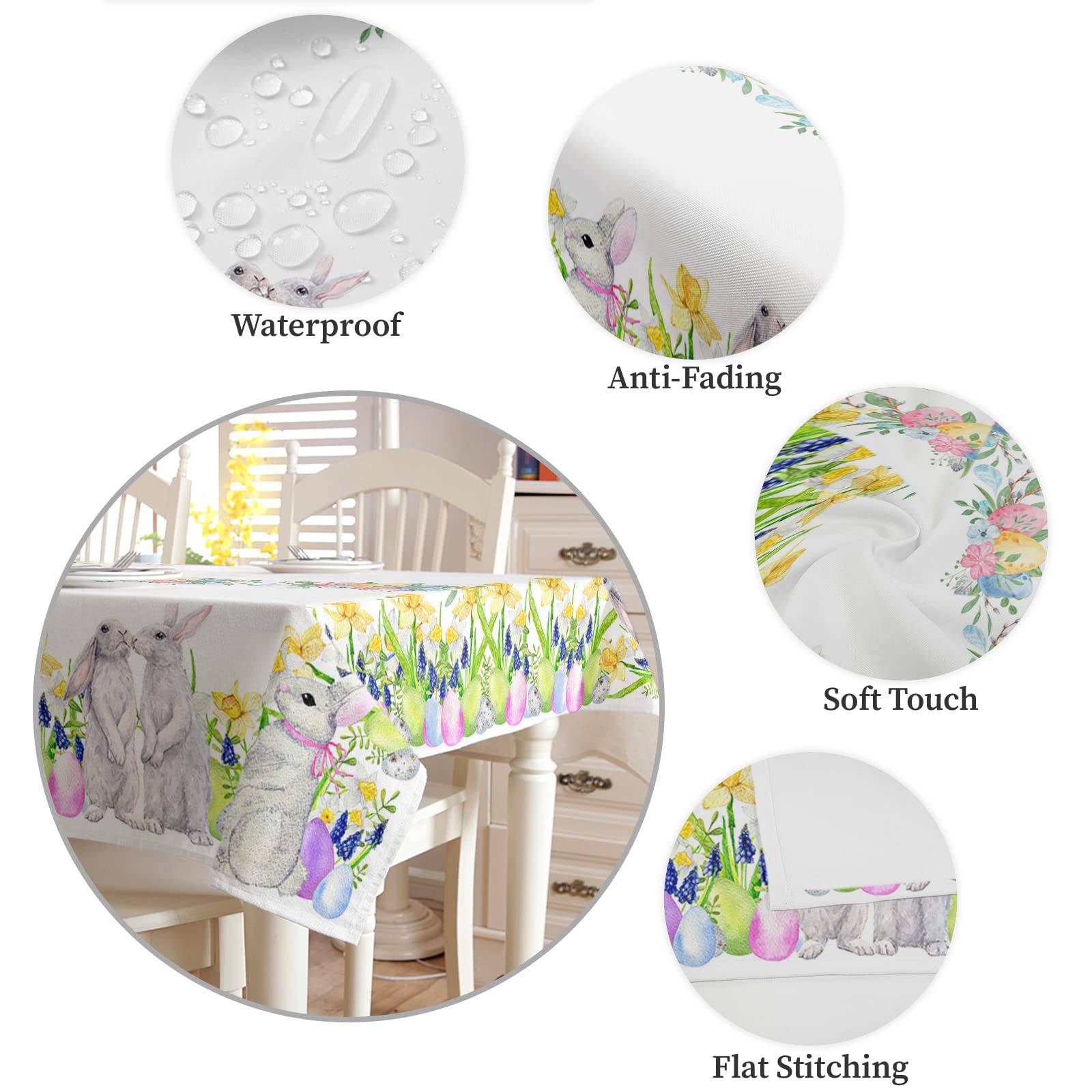 Easter Tablecloth - Bunny Eggs Flowers Design, Waterproof & Oil-Proof, Spillproof Kitchen Table Cover for Easter Decorations (60x120 Inches) - Perfect for Easter Brunch, Spring Parties & Holiday Dining Decor