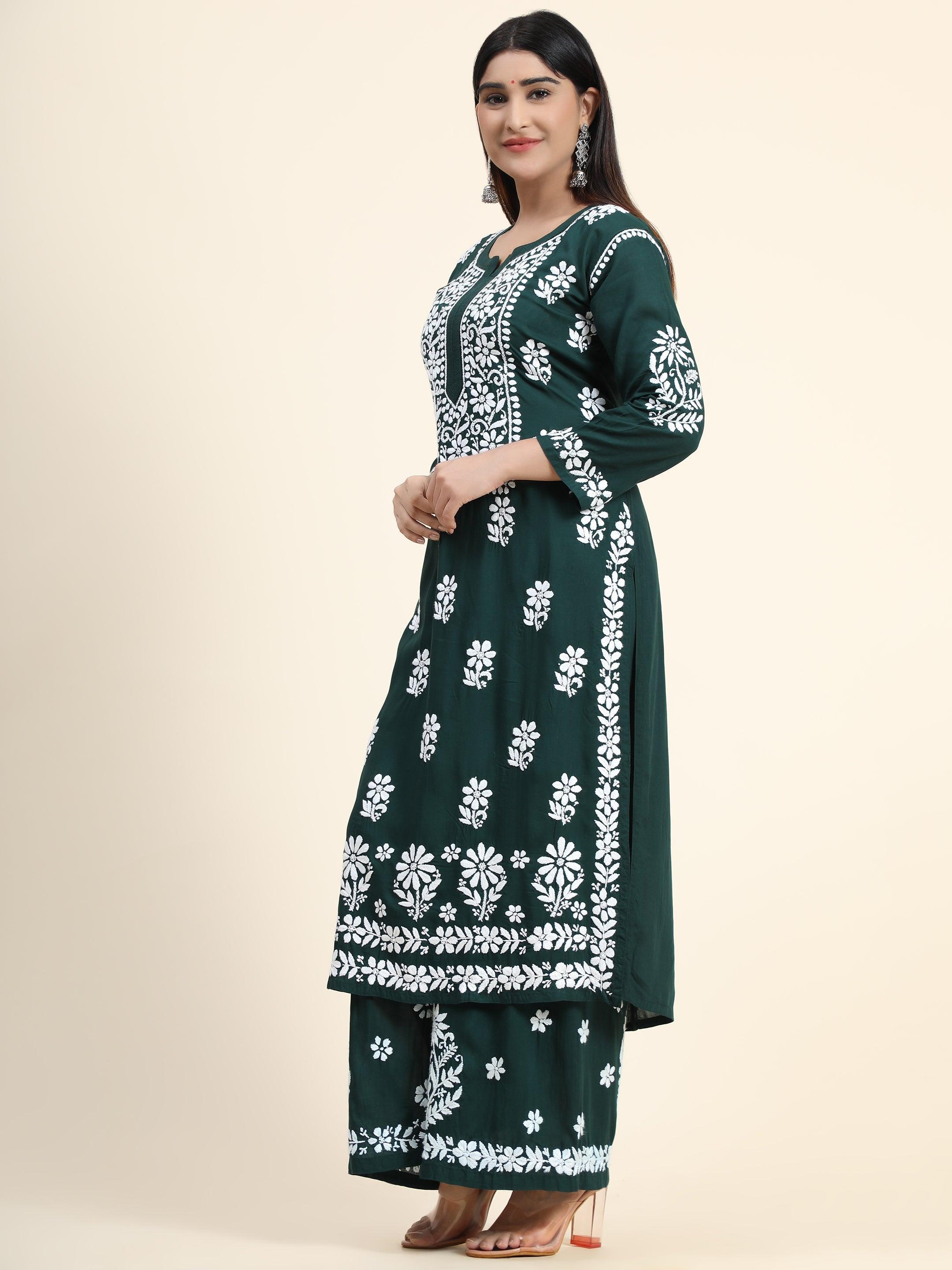 Premium Hand Embroidered Chikankari Co-Ord Set in Soft Modal Cotton - Green Ethnic Outfit for Women | Perfect for Festivals, Weddings & Summer Parties