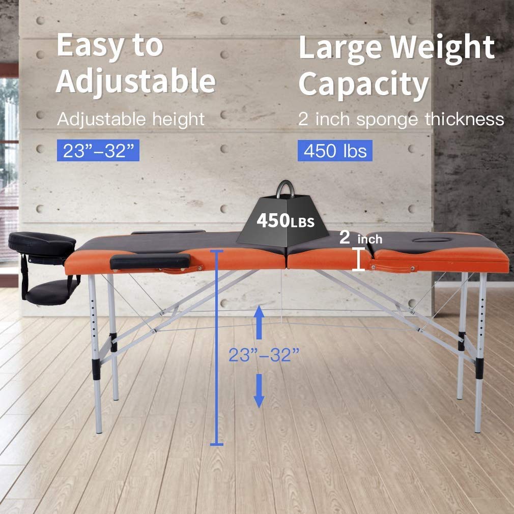 DKELI Portable Foldable Massage Table - 84 Inch Adjustable Height, 3-Fold Salon Spa Bed with Aluminum Legs, Face Cradle & Carry Case - Supports 450LBS - Perfect for Tattoo, Facial, and Professional Massage Therapy