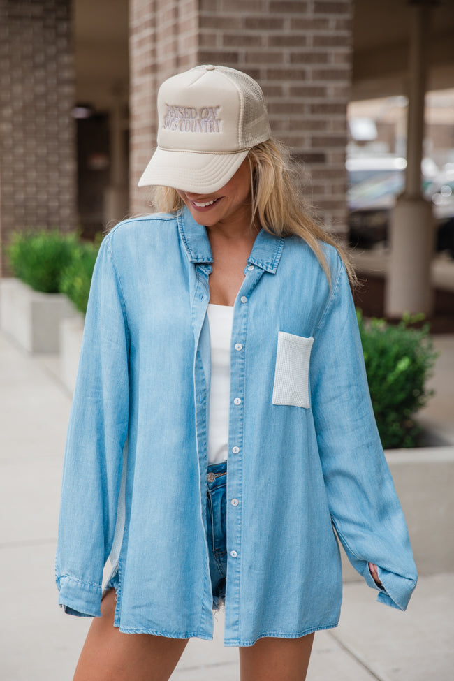 Talk It Over Waffle Detail Chambray Button Front Blouse for Women | Casual Office Wear & Spring Outfits | Trendy Button-Down Shirt with Waffle Texture