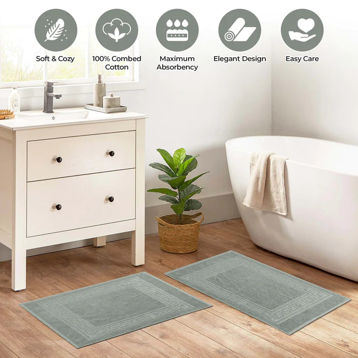 Premium Cotton 2-Piece Greek Key Border Bath Mat Set - Ultra Absorbent, Non-Slip Bathroom Rug - Perfect for Modern Bathrooms, Master Suites & Spa-Like Retreats