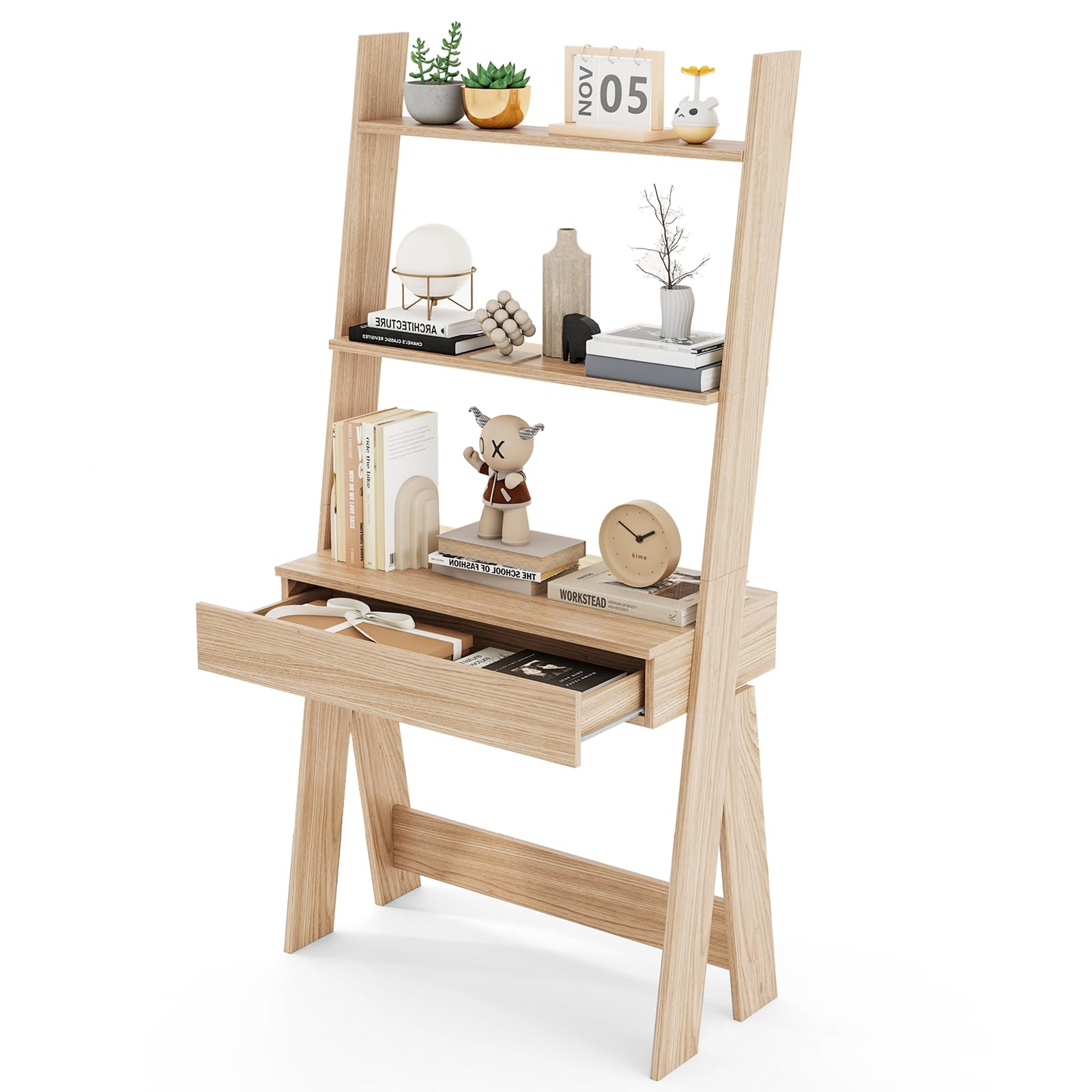 Giantex 3-Tier Ladder Desk with Drawer | 33-Inch Wide Freestanding Bookshelf with Anti-Tipping Device | Natural Wood Leaning Computer Desk with Shelves for Small Spaces | Perfect for Home Office, Dorm Room & Apartment Workspace