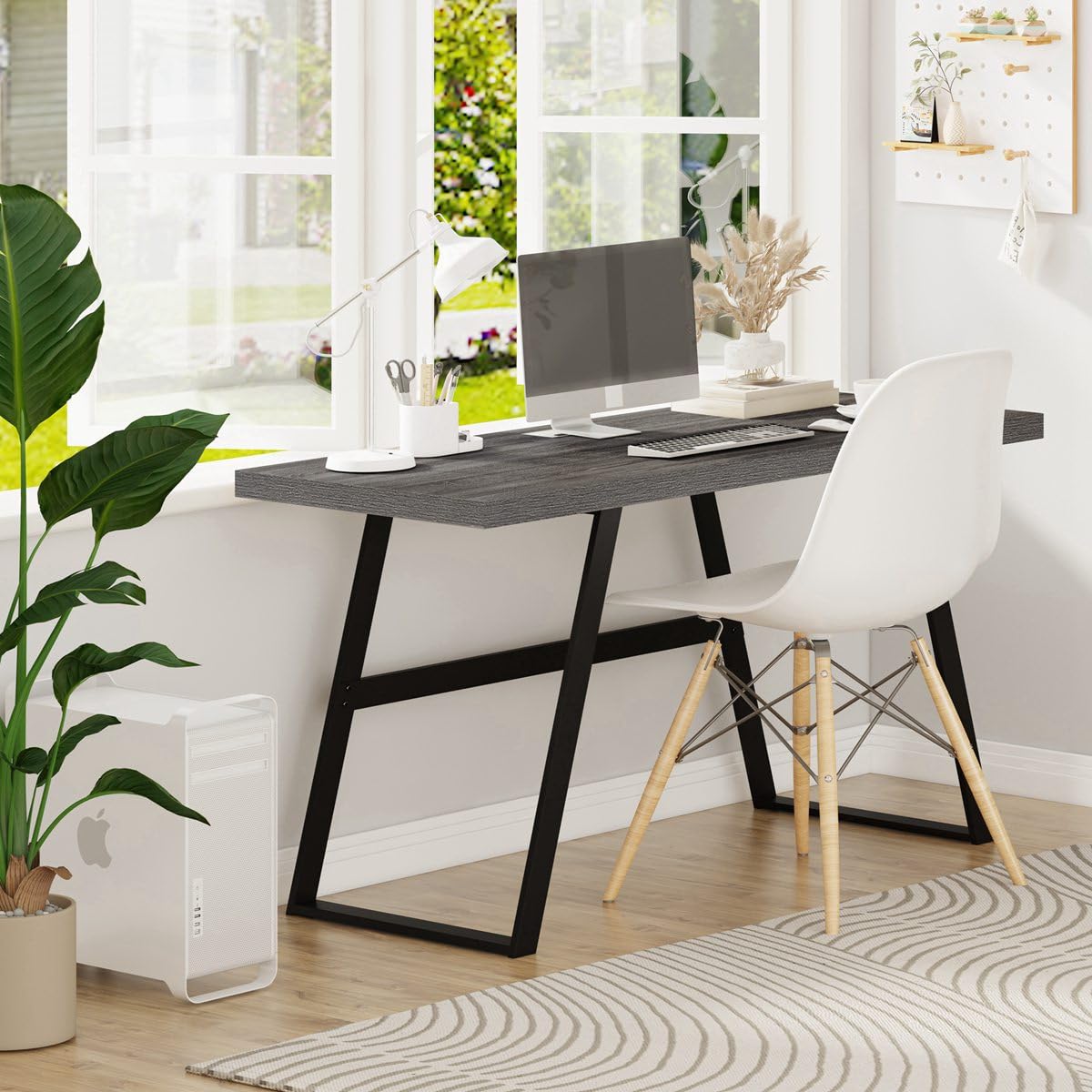 BON AUGURE 55 Inch Computer Desk - Wood & Metal Home Office Workstation (Dark Grey Oak) for Study & Workspace