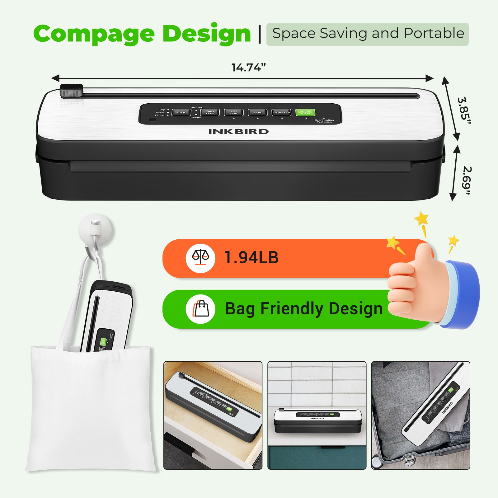 INK VS05 Vacuum Sealer Machine for Food Preservation | Compact & Powerful | Perfect for Meal Prep, Sous Vide, and Long-Term Food Storage