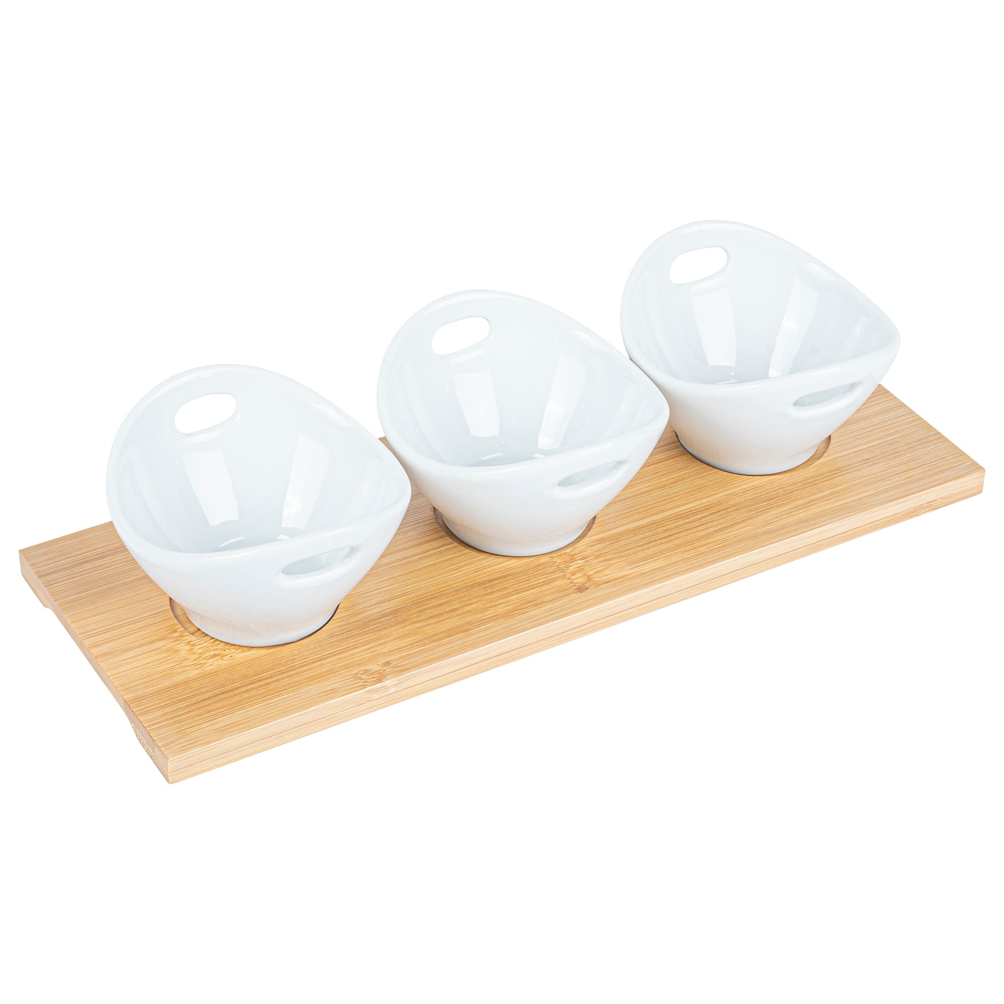 6 oz White Porcelain Rectangular Basket Bowls Set of 3 with Bamboo Tray - 11.75