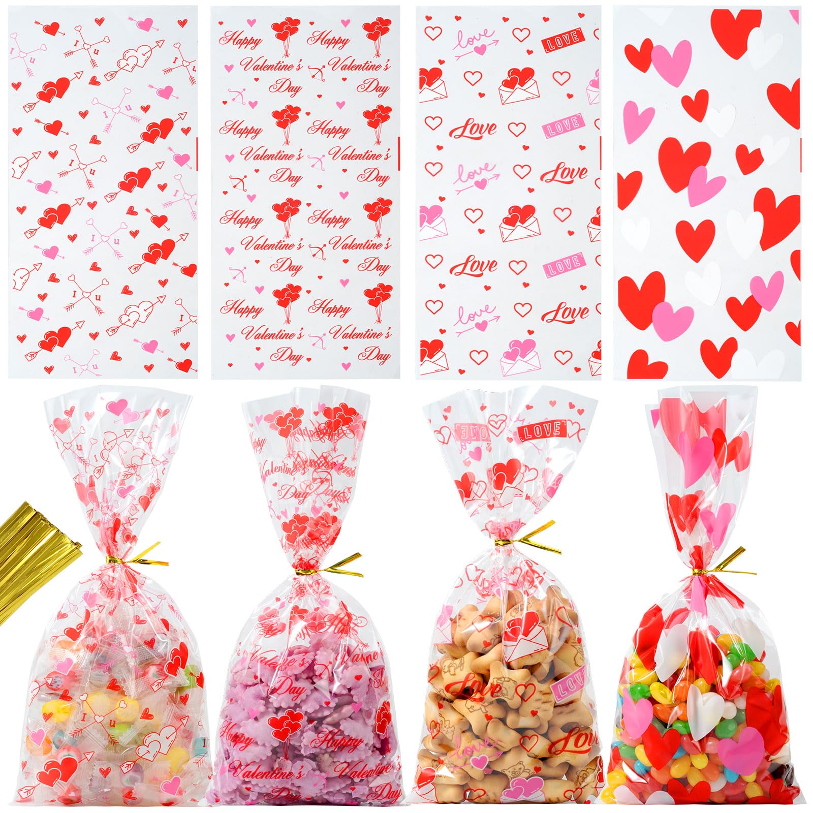50 Pack Valentine's Day Cellophane Gift Bags with Twist Ties - Red Heart Shaped Treat Bags for Candy, Party Favors, Wedding & Anniversary Supplies - Perfect for Valentine's Gifts, Birthday Parties & Holiday Celebrations