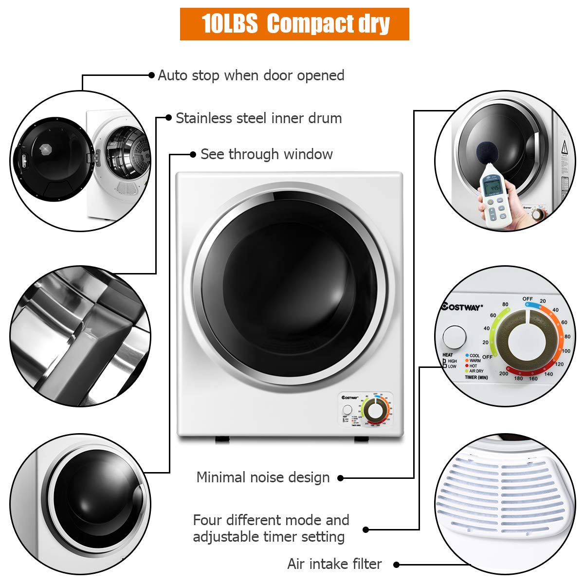 COSTWAY 1.5 cu ft Compact Electric Clothes Dryer - Portable Laundry Dryer with 4 Auto Drying Modes, Stainless Steel Drum & Easy Controls - Perfect for Apartments, Dorms, RVs & Small Spaces | Quick Dry for Everyday Laundry, Travel & Camping