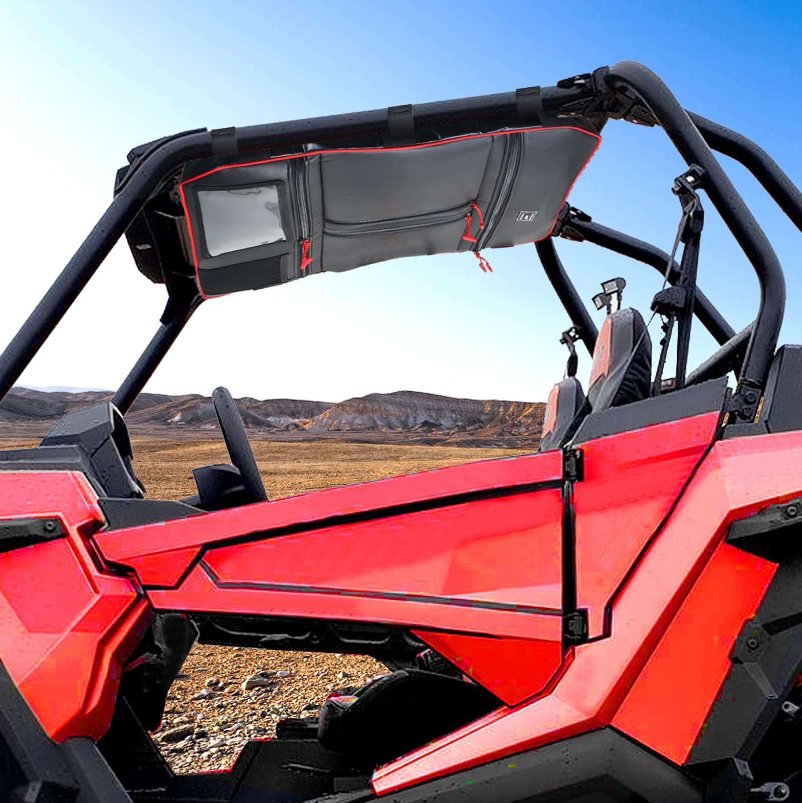 Goldfire Overhead Storage Bag - Universal Roof Top Organizer for Polaris RZR XP 1000 (2 & 4 Seat All Years) - Durable Tool Gear Bag with Red Piping - Perfect for Off-Road Adventures, Camping & Outdoor Storage