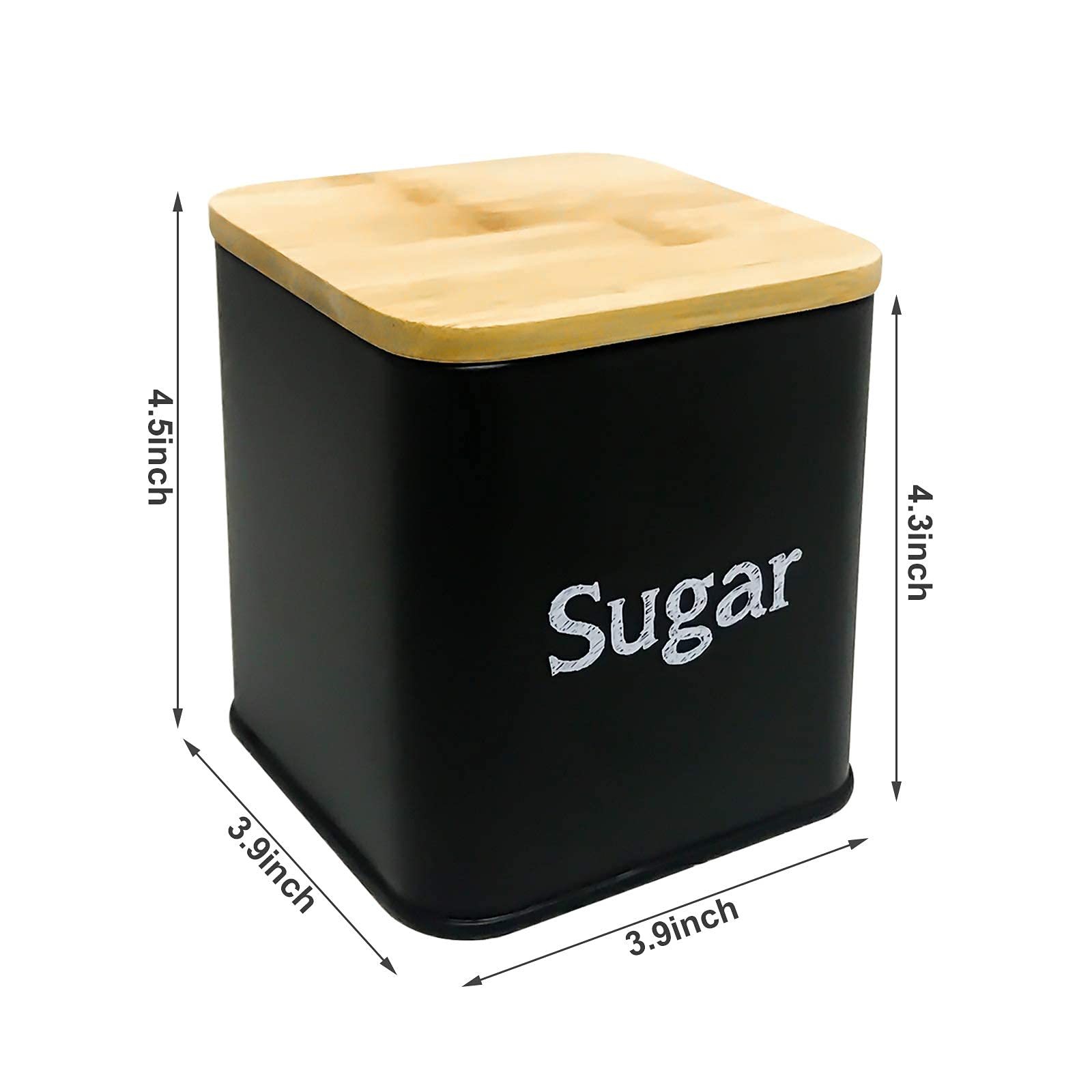3-Piece Kitchen Canister Set - Airtight Coffee, Sugar & Tea Storage Containers with Bamboo Lids - Square Black Metal Food Jars for Pantry Organization (Ideal for Coffee Bars, Bakeries & Home Kitchens)