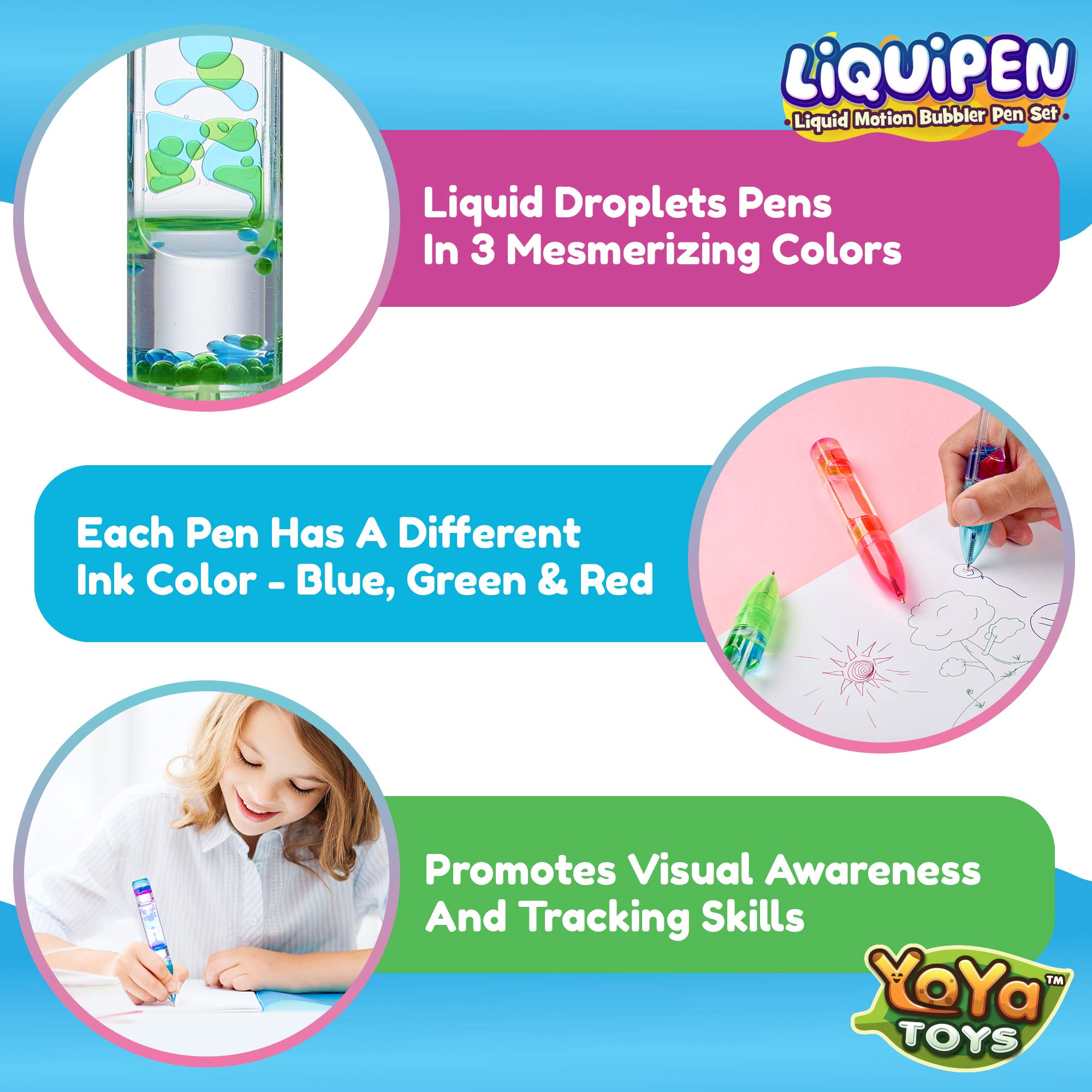 Yoya Liquipen - Liquid Motion Bubbler Pens (3 Pack) - Stress Relief Fidget Toy for Kids & Adults - Colorful Timer Pens with Smooth Writing - Perfect for Office, Classroom & Anxiety Relief