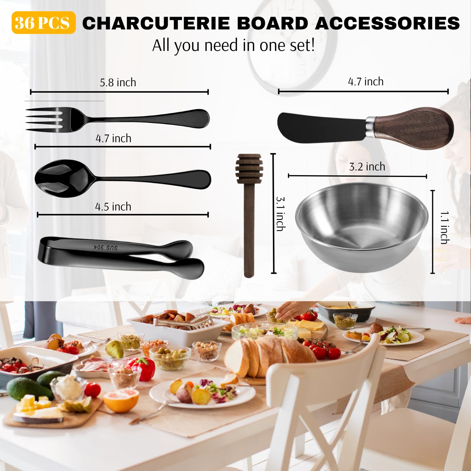 Premium Charcuterie Board Accessories Set - 6-Piece Cheese Knives, Mini Serving Tongs, Spoons, Forks & Honey Dipper - Perfect for Cheese Platters, Charcuterie Displays, Wine Parties & Wedding Gifts (Elegant Black)