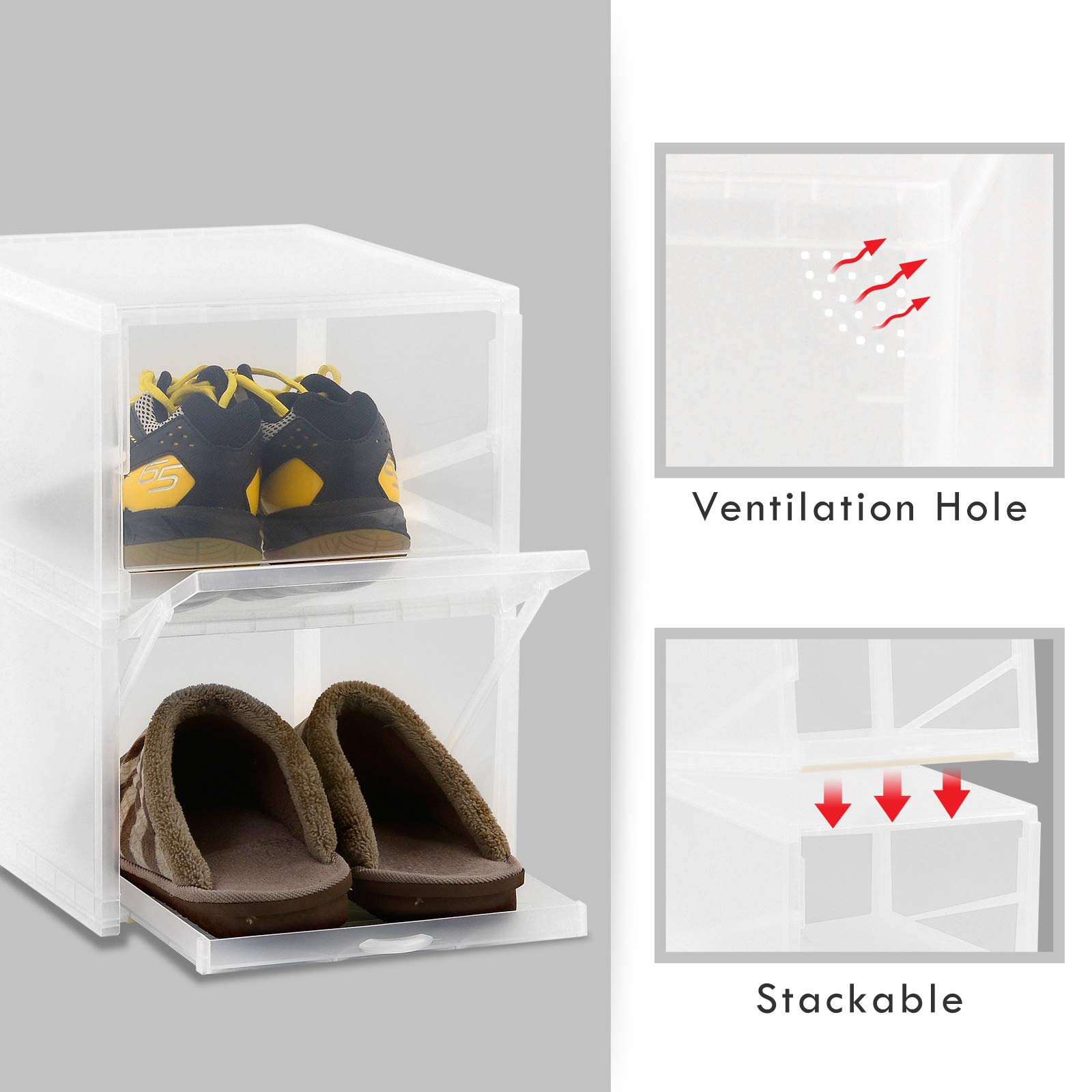 6-Pack Stackable Clear Plastic Shoe Storage Boxes with Push-Pull Drawers & 120° Lids - Transparent Shoe Organizer for Closet, Entryway, Sneaker Cabinet - Perfect for Home, Dorm, Office & Travel Shoe Organization