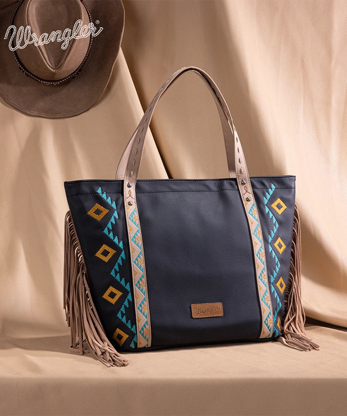 Wrangler Aztec Embroidered Fringe Wide Tote Bag for Women - Stylish Boho Shoulder Purse for Beach, Travel & Everyday Use