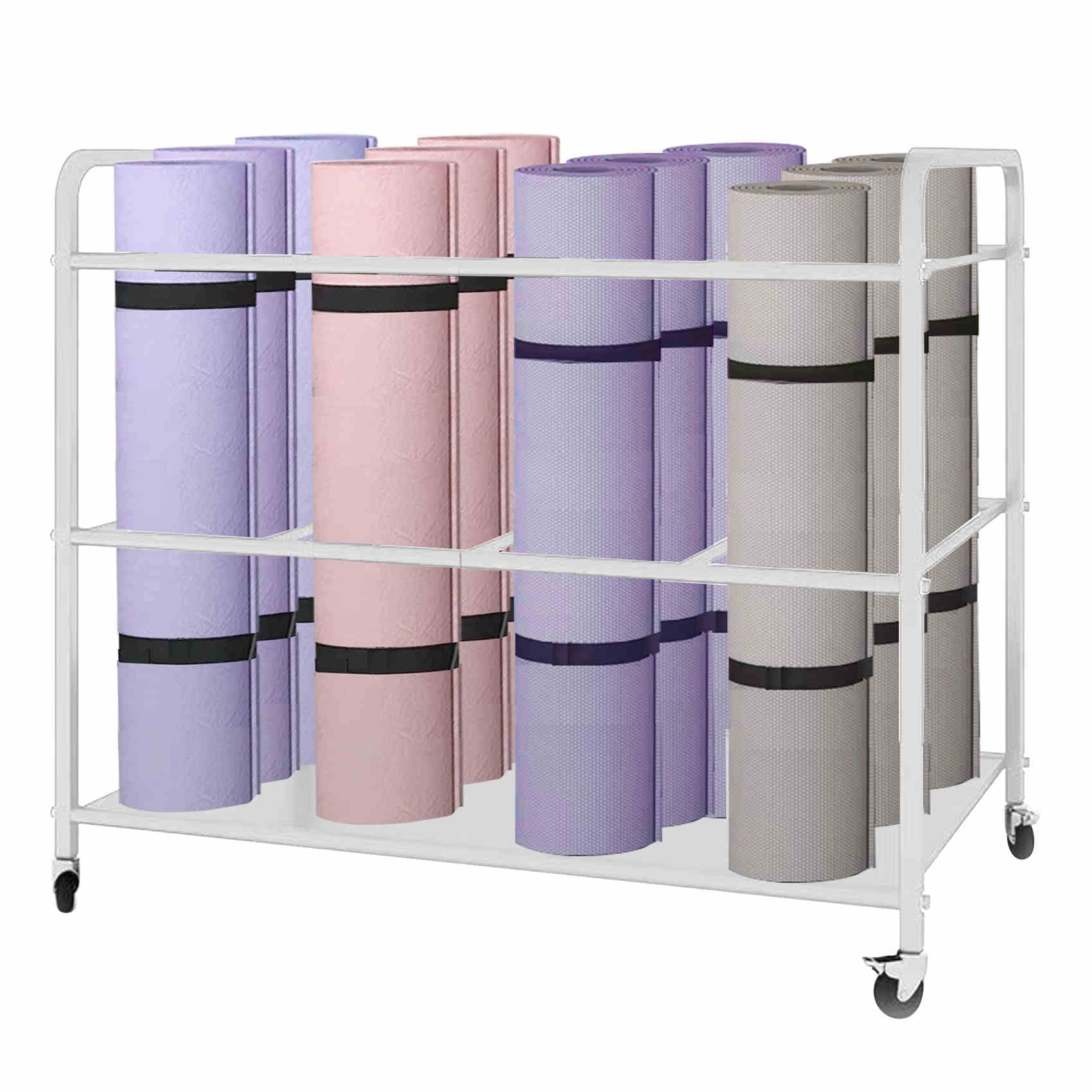 Premium Yoga Mat Storage Rack with Wheels - Heavy Duty Home Gym Organizer for Yoga Mats, Dumbbells, Kettlebells, Resistance Bands & Workout Equipment - Perfect for Home Gym, Yoga Studio & Fitness Room Organization