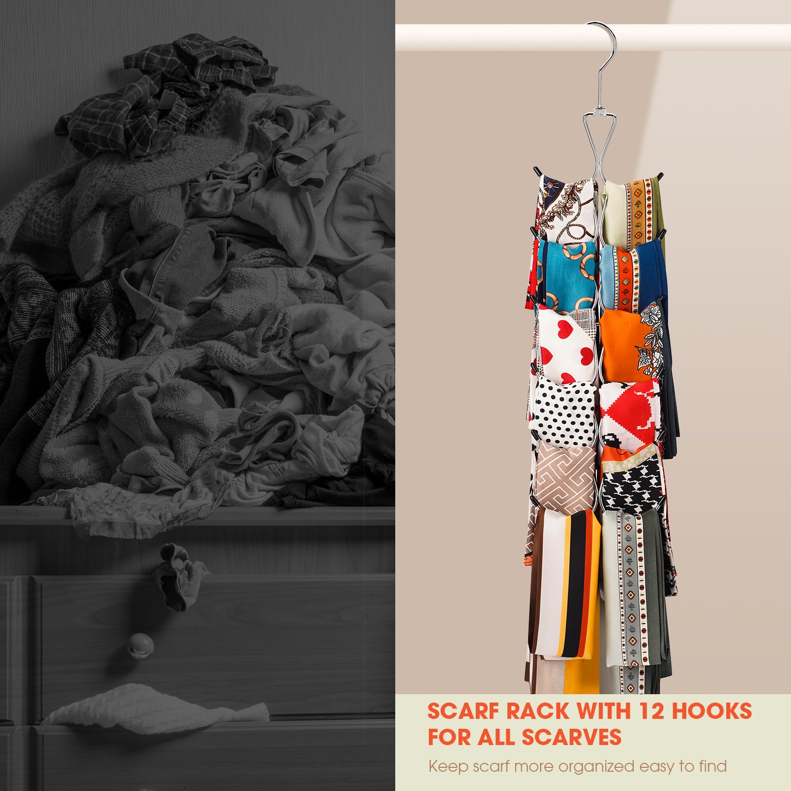 12-Slot Scarf Hanger with 360° Swivel Hook - Space Saving Closet Organizer for Scarves, Shawls, Belts, Purses & Baseball Caps - Perfect for Bedroom, Walk-in Closet and Dorm Organization