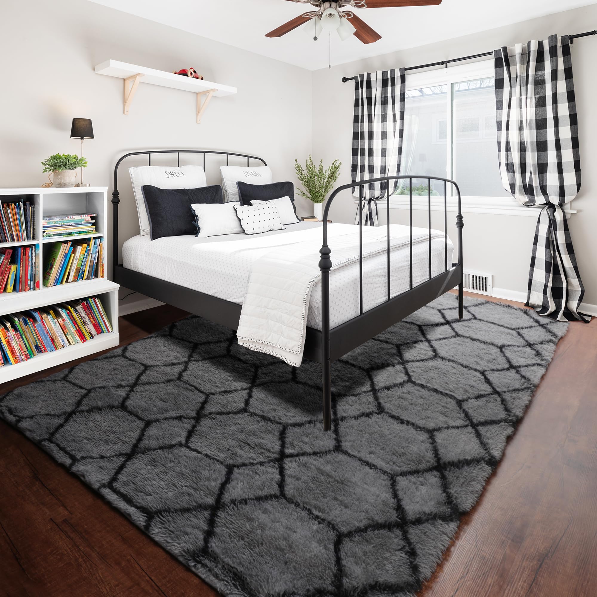ONASAR 8x10 Fluffy Shaggy Area Rug - Soft Plush Geometric Boho Carpet for Living Room, Bedroom, Nursery, Kids Room, Playroom & Dorm Decor - Machine Washable Grey and Black Fuzzy Floor Mat (Perfect for Cozy Home, Classroom & Office Spaces)
