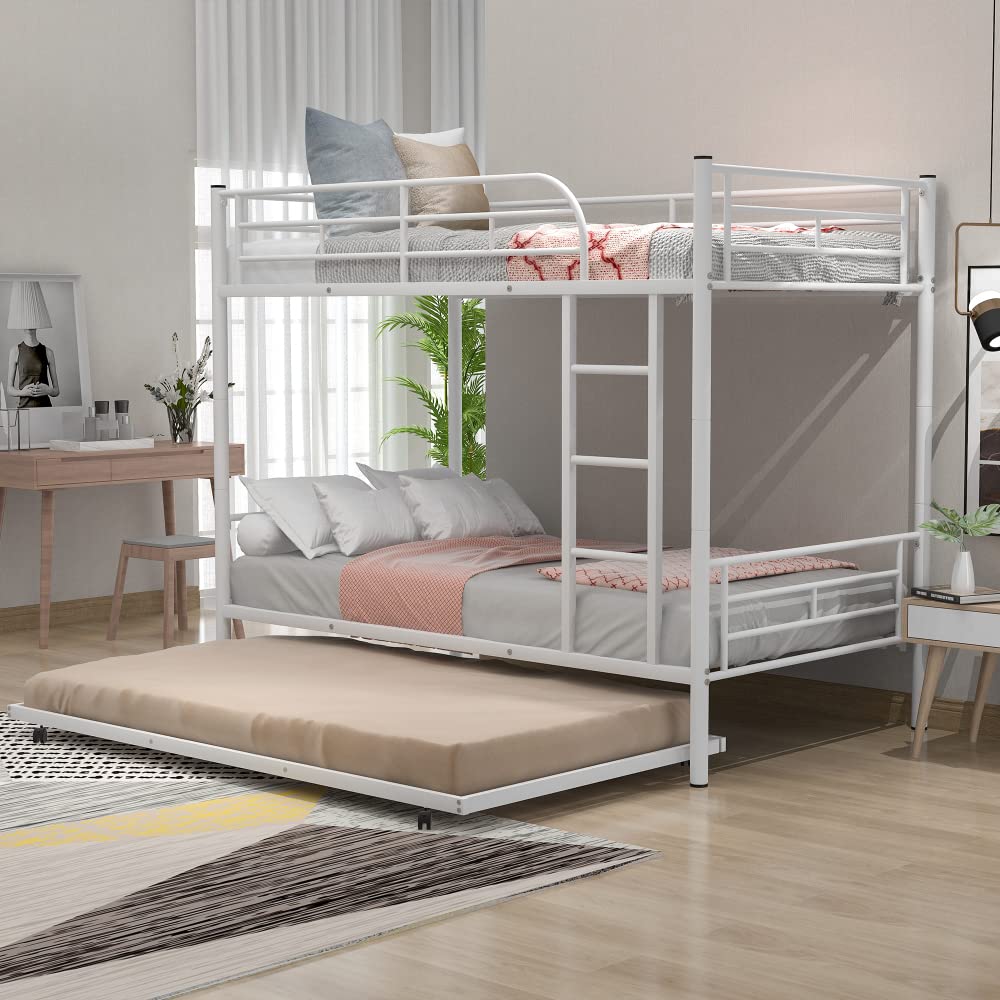 Twin Over Twin Metal Bunk Bed with Trundle - Convertible to 2 Separate Beds - Heavy Duty Steel Frame with Ladder & Headboard/Footboard - White - Perfect for Kids' Bedroom, Guest Room & Space-Saving Solutions