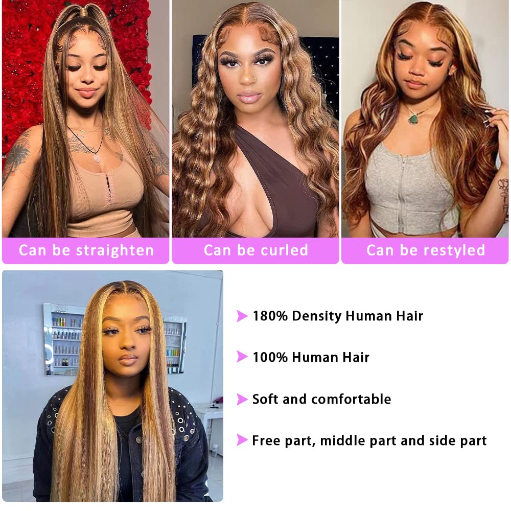 13x4 HD Straight Lace Front Wig Human Hair - Ombre Highlight 180% Density Pre-Plucked with Baby Hair | Perfect for Daily Wear, Cosplay & Special Occasions