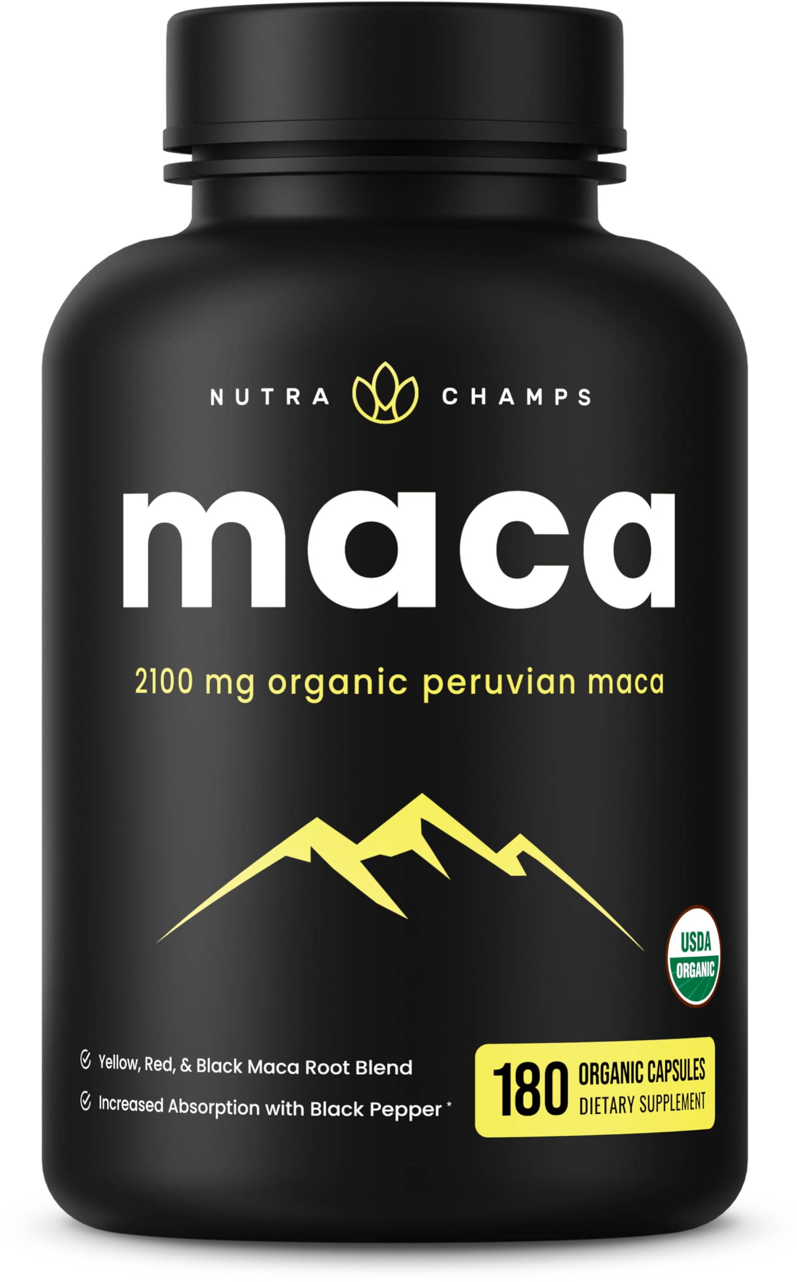 NutraChamps USDA Organic Maca Root Capsules 2100mg - 180 Count for Women & Men | Black, Red & Yellow Peruvian Gelatinized | Highest Potency Maca Powder Supplement | Energy, Hormone Balance & Libido Support