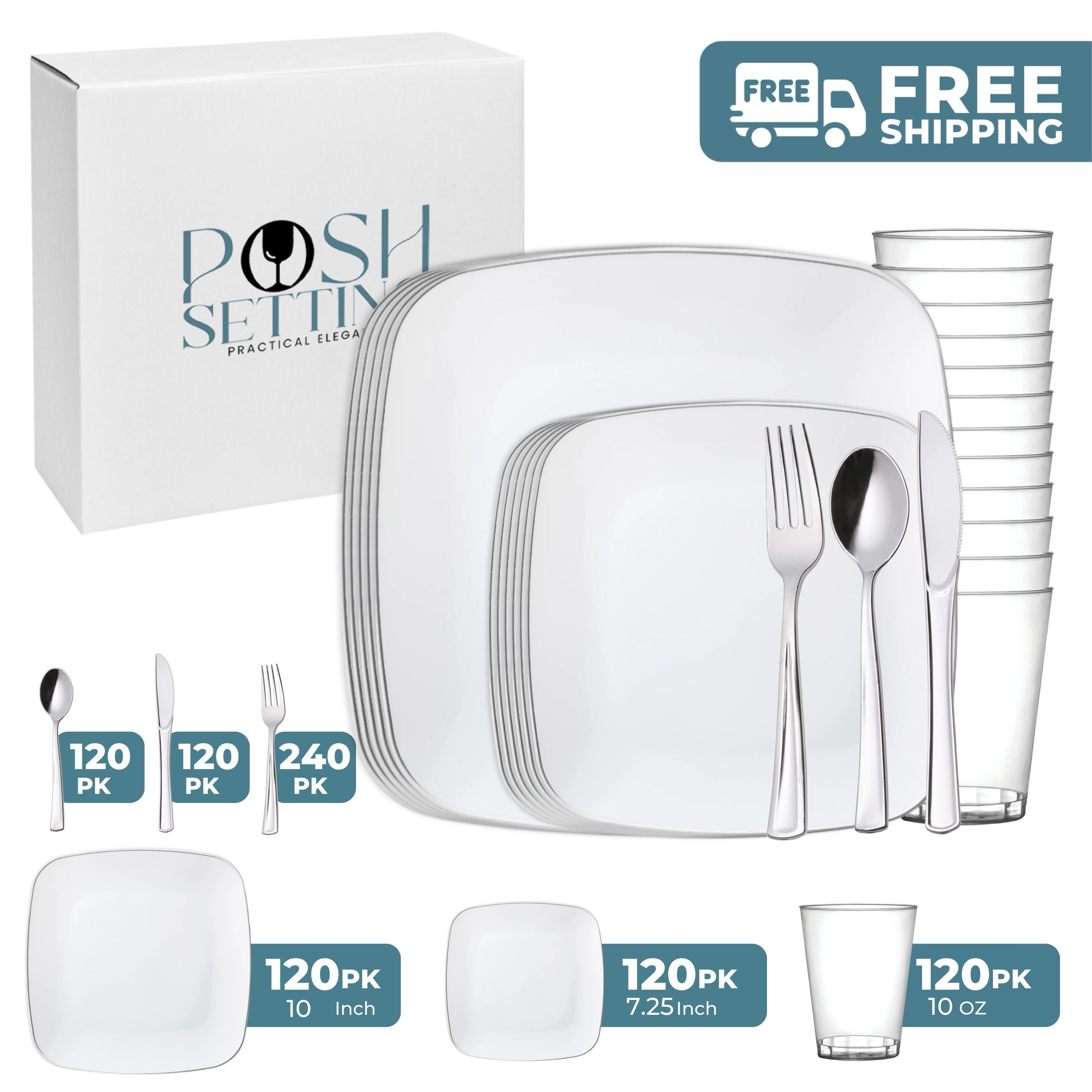 White and Silver Plastic Party Bundle - Classic Square Disposable Plates, Cups, and Cutlery Set for Birthday, Wedding, and Holiday Celebrations