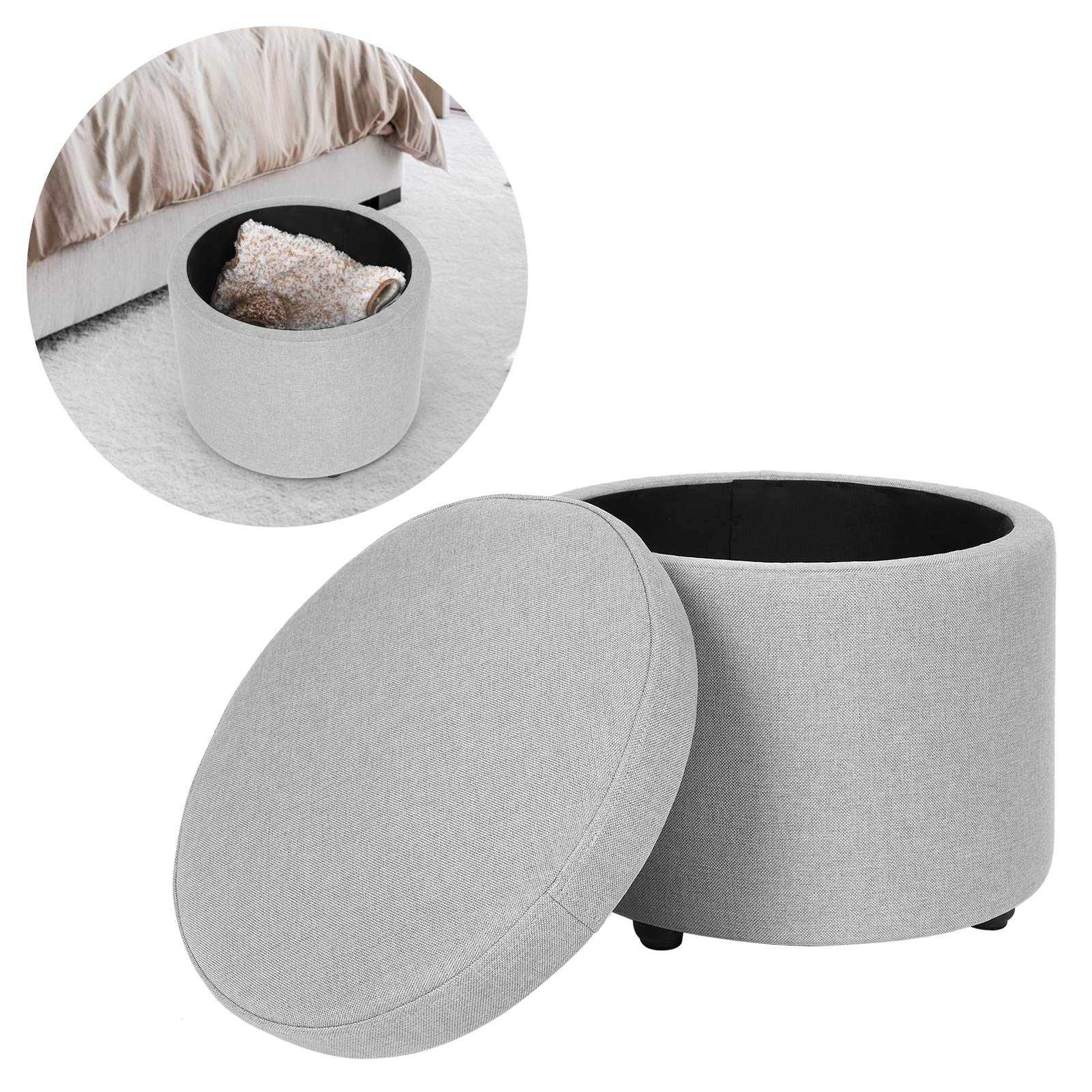 Keenso Round Storage Ottoman Footstool with Removable Cushioned Top - Foam Upholstered Seat & Hidden Storage Bin - Perfect for Living Room, Bedroom, or Nursery (Grey)