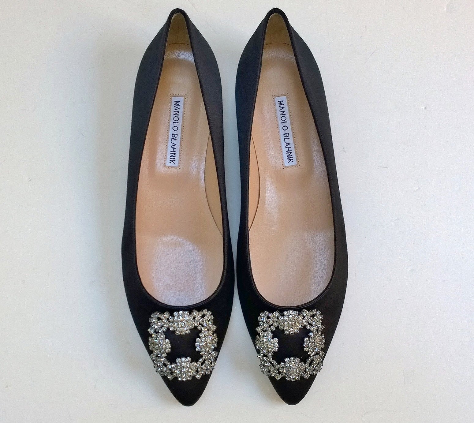 Manolo Blahnik Hangisi Black Satin Rhinestone Buckle Flats - Elegant Women's Dress Shoes for Weddings, Parties & Formal Events
