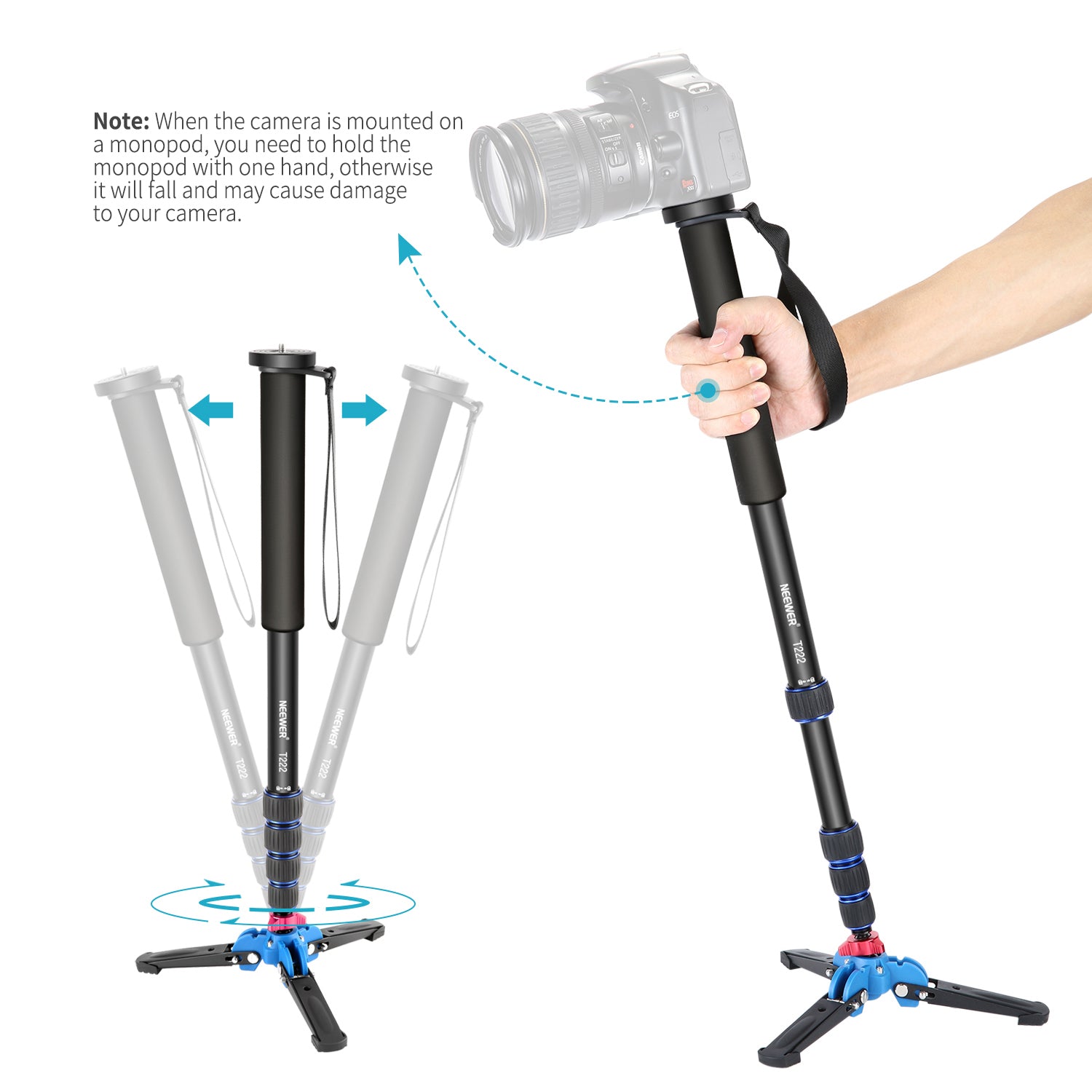 NEEWER T222 Extendable Camera Monopod Stand with Tripod Base - Professional Aluminum Alloy Selfie Stick for DSLR Cameras, Smartphones & Action Cameras - Perfect for Vlogging, Travel Photography & Live Streaming