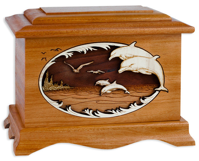 Dolphin Cremation Urn with Wood Inlay Art - Handcrafted Ocean Themed Memorial Urn for Ashes - Perfect for Pet or Human Remembrance at Home or Memorial Services