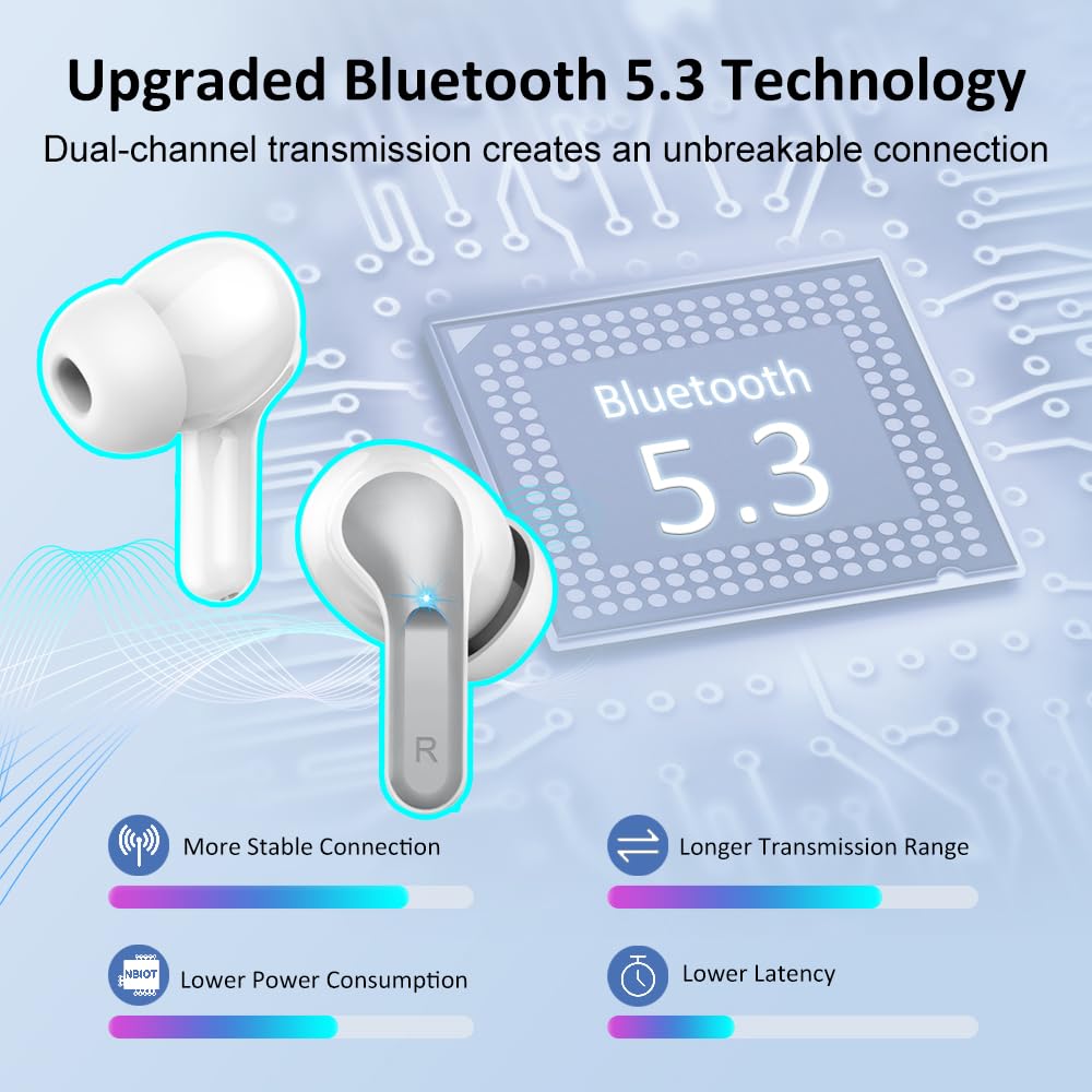 Premium Wireless Earbuds Bluetooth 5.3 with 4 ENC Noise Cancelling Mic, HiFi Stereo Deep Bass, 40H Playtime, LED Display, IP7 Waterproof - Perfect for Workouts, Commuting & Travel (Compatible with Android & iOS)