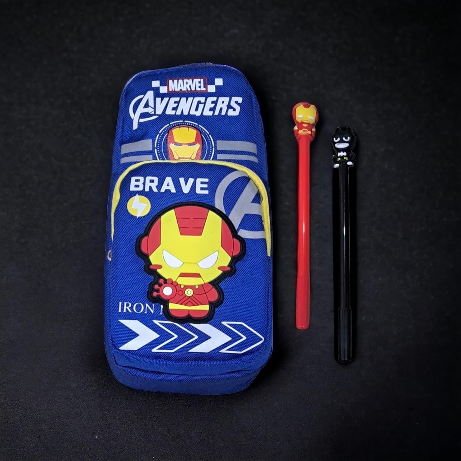 Marvel Avengers Themed Pencil Case for Boys - Dual Compartment School Stationery Organizer with 2 Pens Included | Perfect for School, Office & Travel (Iron Pouch + 2 Pens)