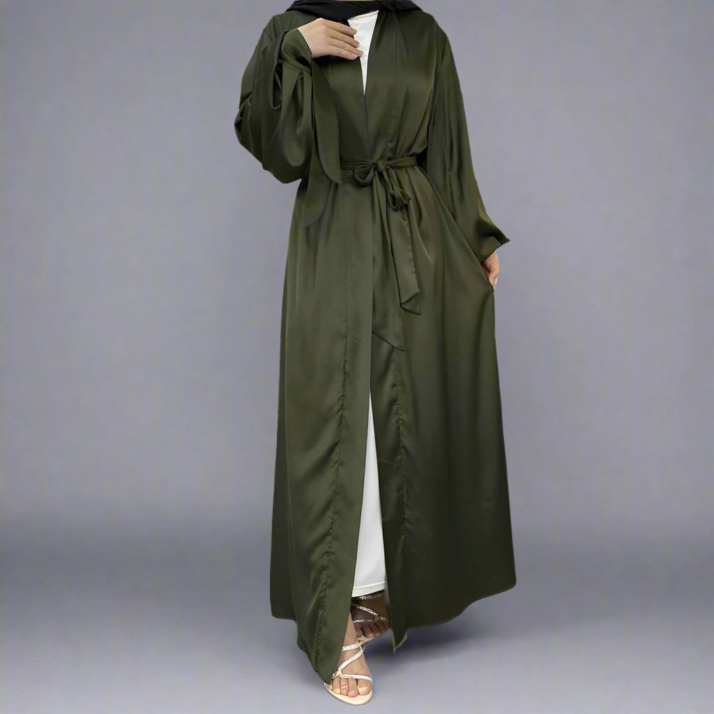 10 Color Options Puff Sleeve Satin Open Abaya Dress for Muslim Women - Elegant Modest Fashion for Prayer, Eid, Wedding & Special Occasions