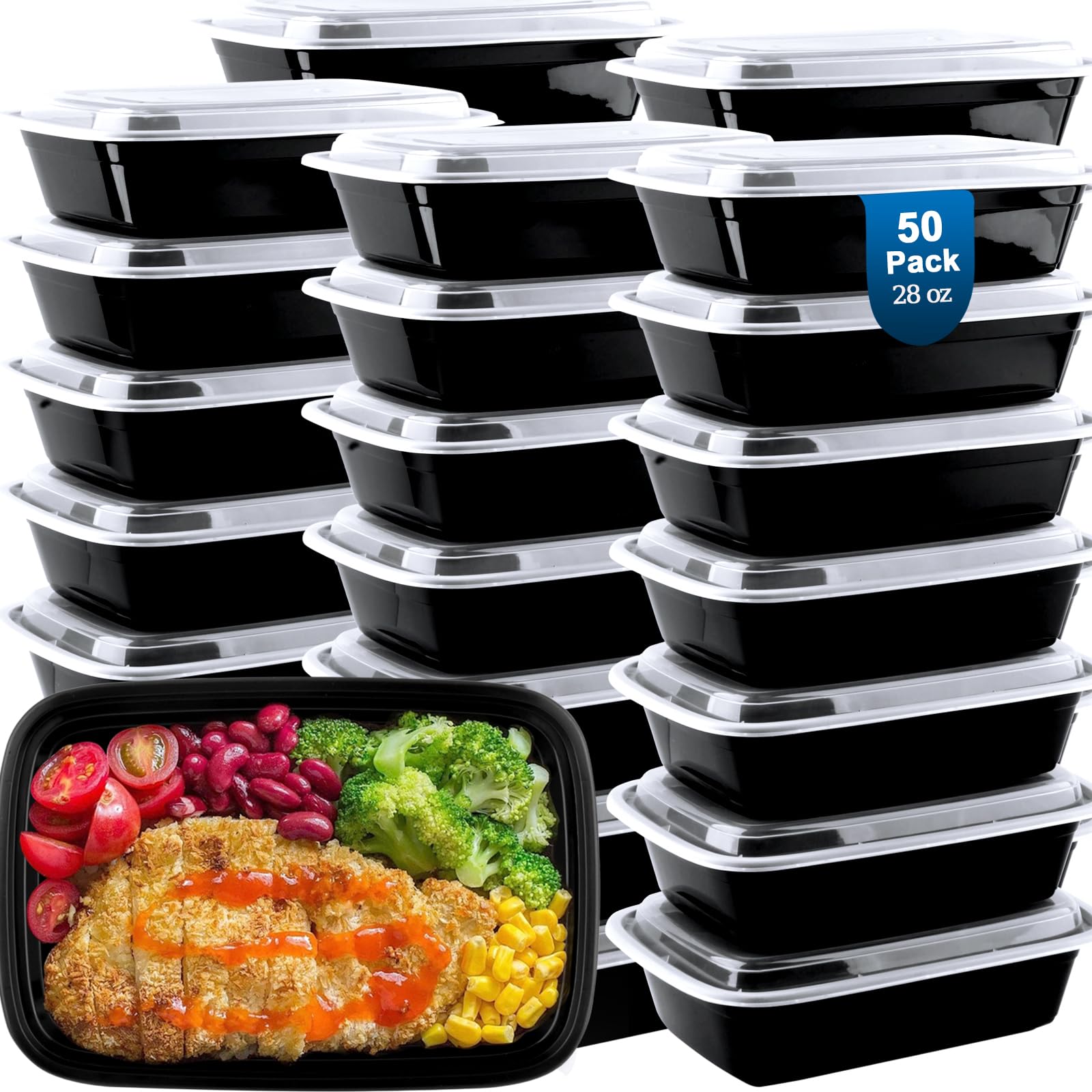 50 Pack Reusable Meal Prep Containers - 28 oz BPA-Free Plastic Food Storage Containers with Lids | Microwave, Dishwasher & Freezer Safe | Perfect for Meal Planning, Leftovers & On-the-Go Lunches
