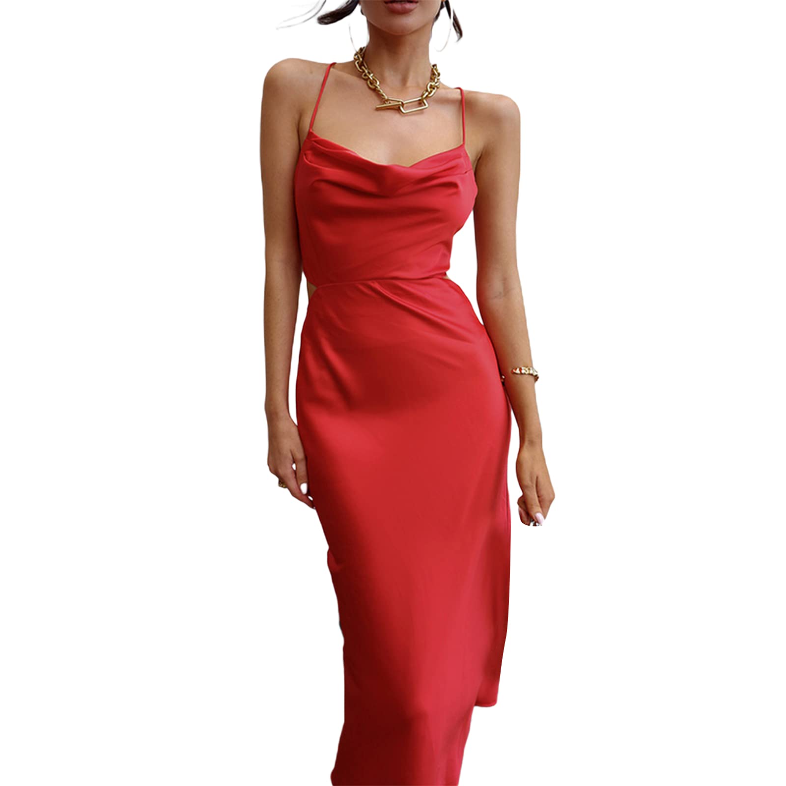 Kimsummerja Women's Tie-Up Backless Dress - Solid Color Cowl Neck Cross Strap One-Piece (Red, Purple, Green, Brown) | Sexy Summer Outfits for Beach, Party & Date Night