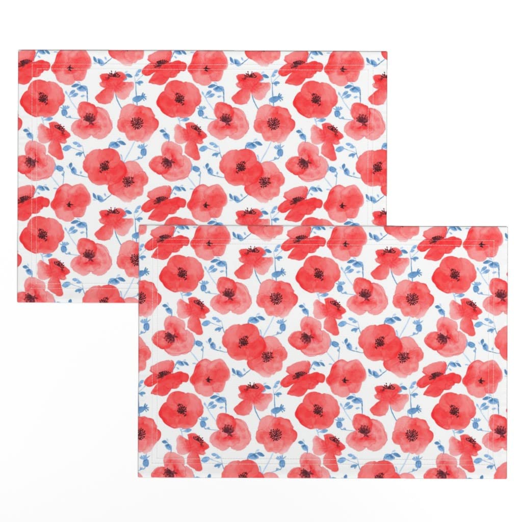 Spoonflower Linen Cotton Canvas Placemats Set of 2 - Red Watercolor Poppies Floral Botanical Print | Spring Nursery Decor | Washable Table Mats for Dining Room, Kitchen & Outdoor Picnics