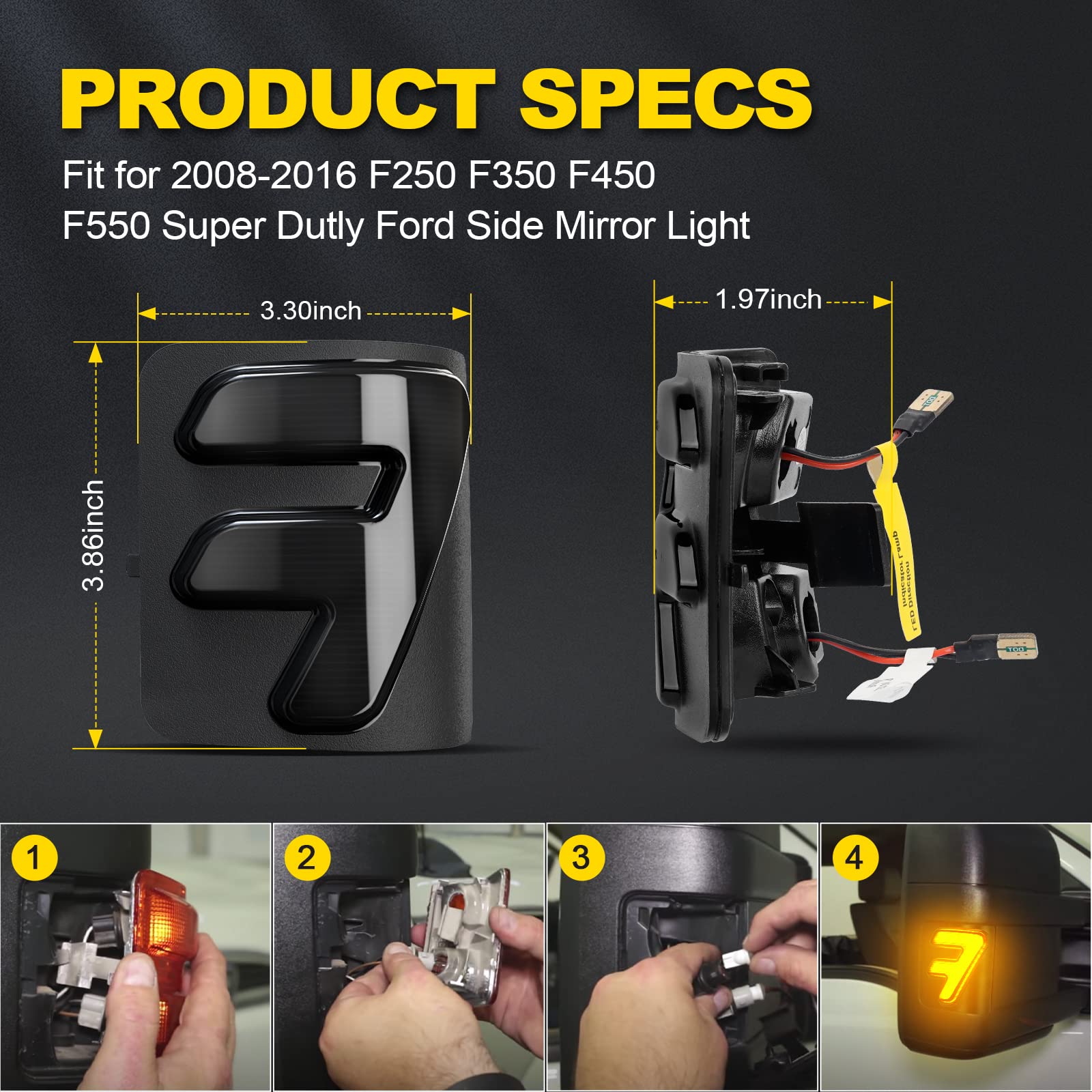 LED Side Mirror Marker Lights for 2008-2016 Ford F250 F350 F450 F550 Super Duty, Sequential Amber Turn Signal & Running Lights - Upgrade Your Truck's Safety and Style for Night Driving & Off-Road Adventures