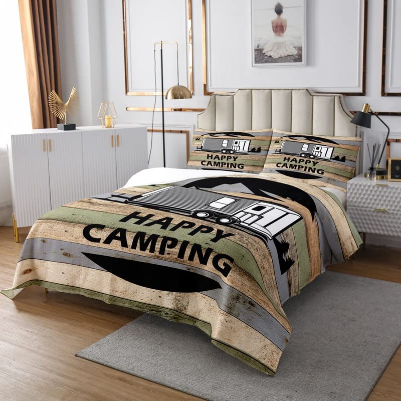 Happy Camping Quilted Coverlet Set for Kids - Twin Size, Green Grey Wood Grain - Perfect for RV & Farmhouse Bedrooms