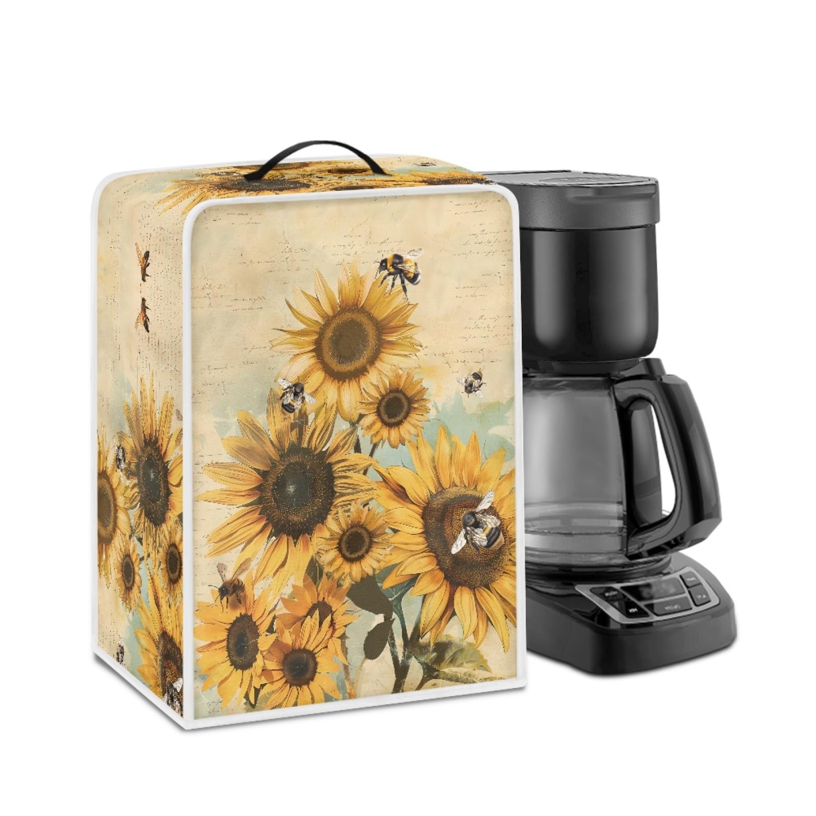 Vintage Sunflower Bee Coffee Maker Dust Cover - Floral Appliance Cover for Most Standard Coffee Makers, Stand Mixers & Juice Machines | Dust Protection & Decorative Kitchen Decor - Perfect for Home, Office & Cafe Use