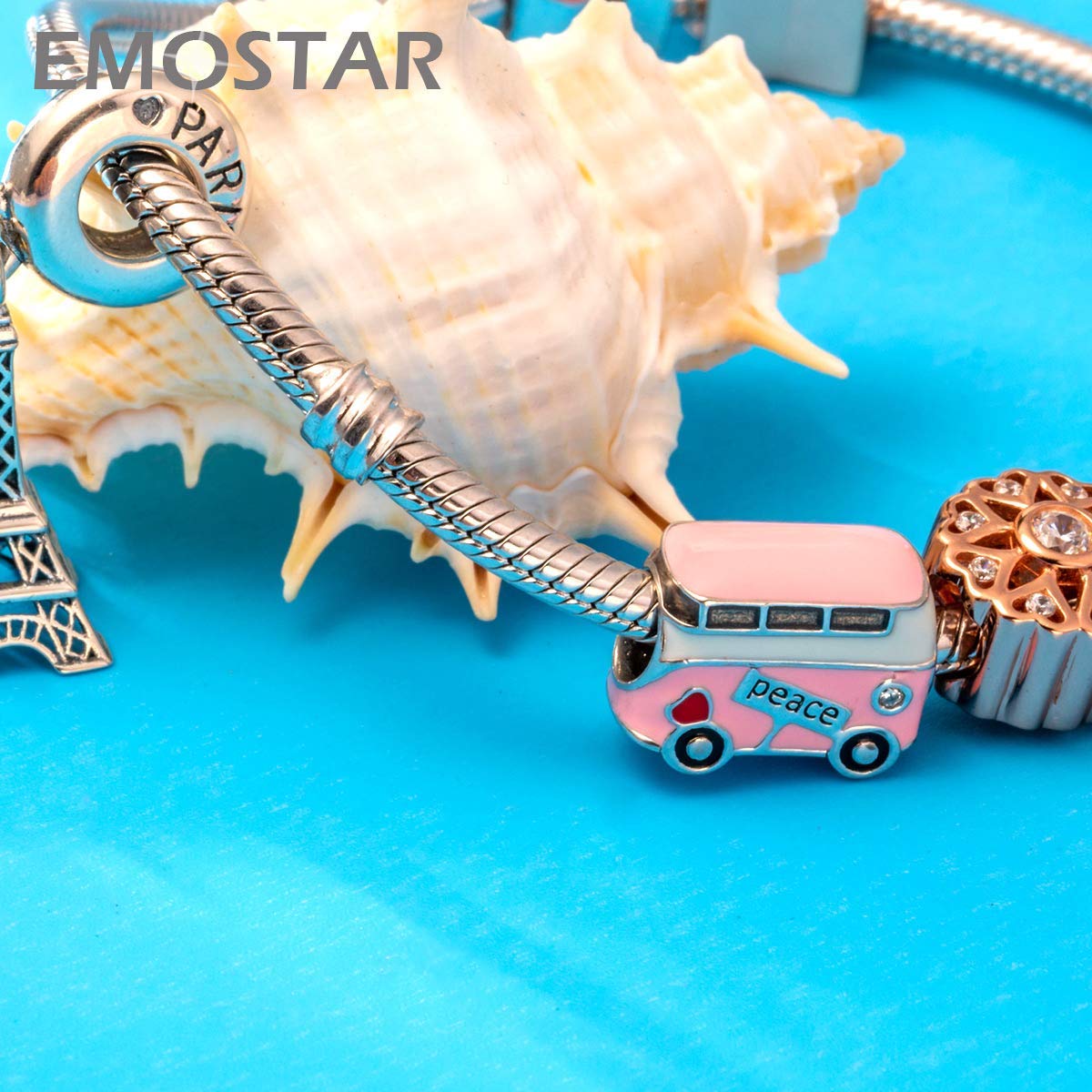 EMOSTAR 925 Sterling Silver Travel Charms Set - DIY Bracelet Charms, Passport Jewelry & Pink Peace Bus Pendants - Perfect Gift for Mother's Day, Summer & Christmas - Ideal for Travel Lovers, Vacation Accessories & Sentimental Jewelry Gifts